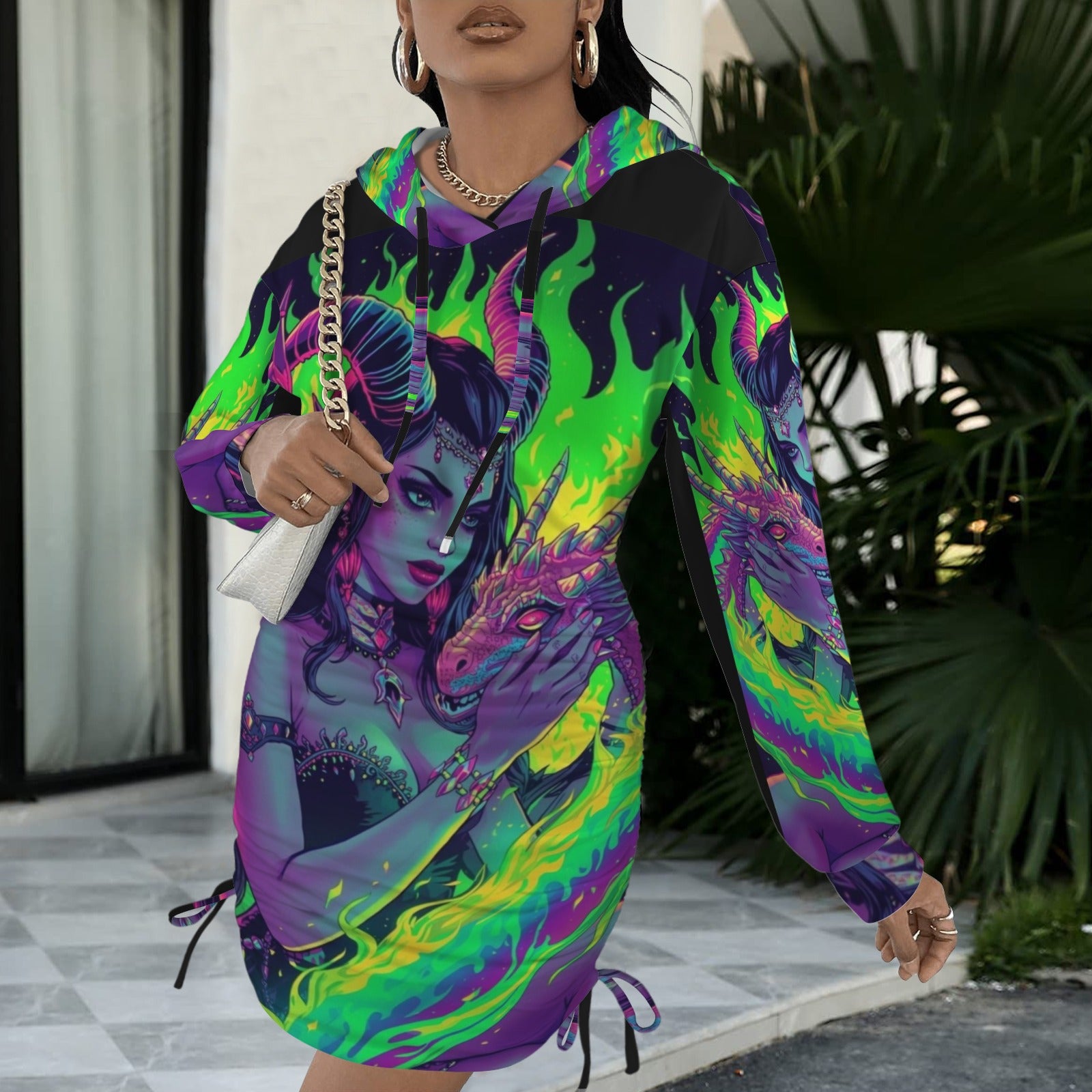 Trippy Rainbow Dragon Goddess Gothic Style Hoodie Dress 19