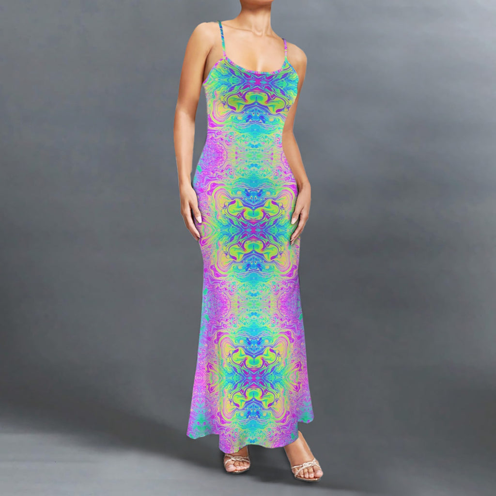 Trippy Tie=dye l print long sleevless slip maxi dress