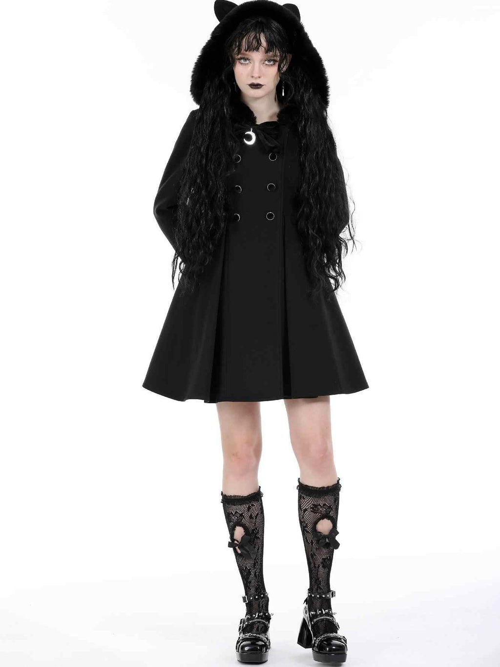 Gothic Dark Cat Ear Black Hooded Coat - Night Bloom Digital Empire Studios