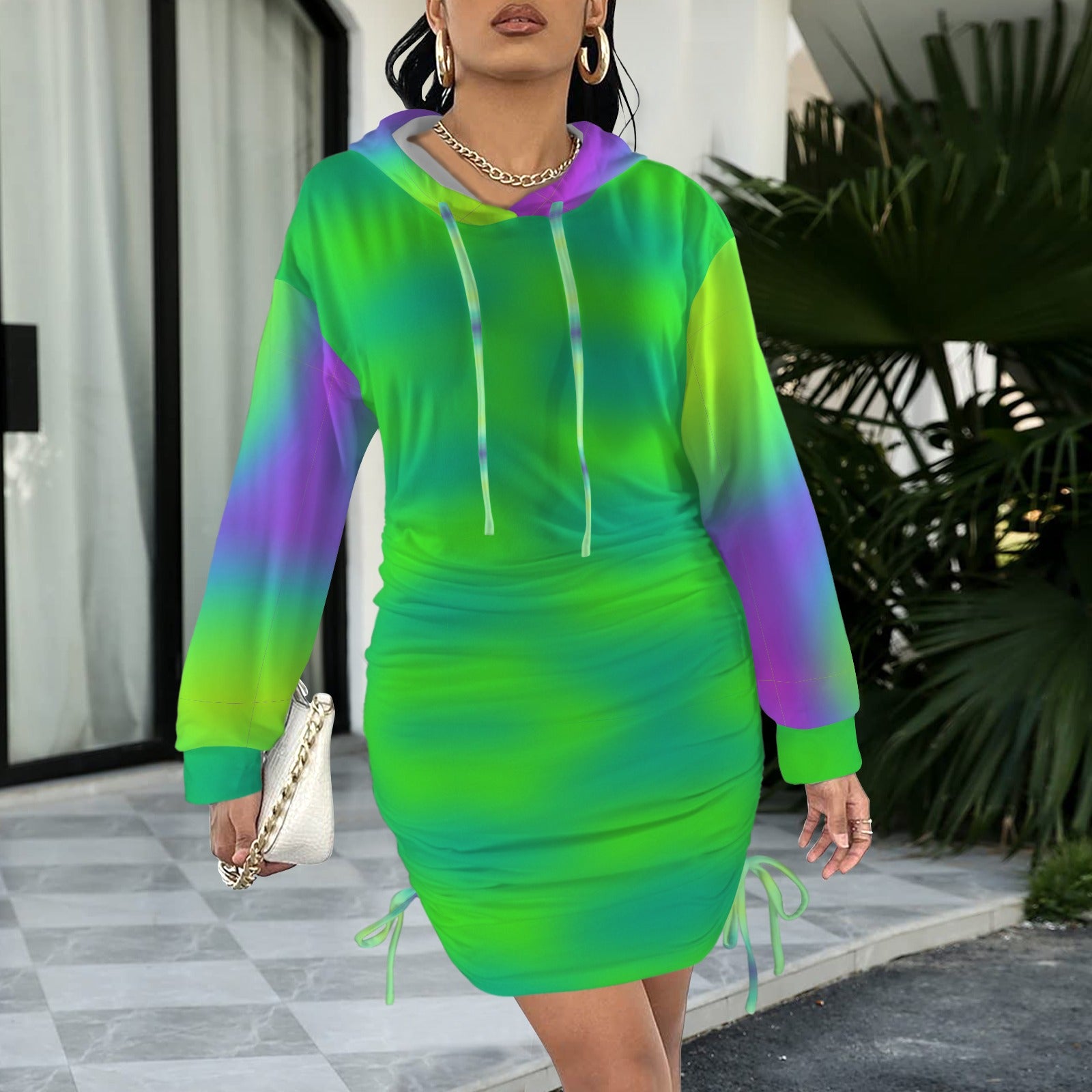 Trippy Green and purple Gradient Gothic Style Hoodie Dress