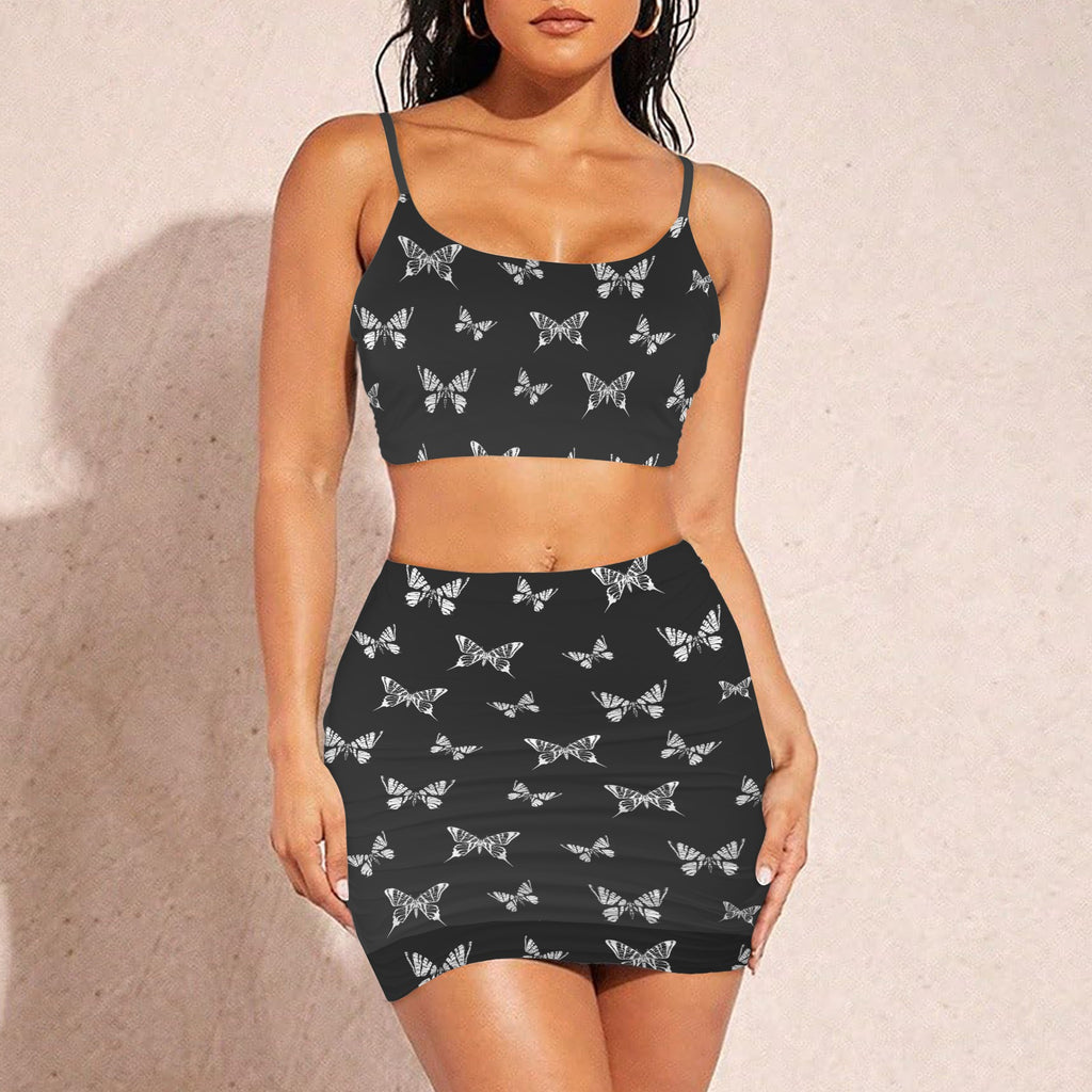 Women's Butterfly Print Cami Top & Ruched Bodycon Skirt Set