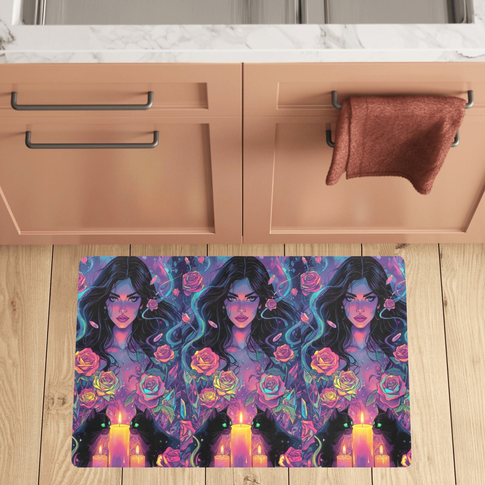 “Ultra‑detailed hyper‑saturated rainbow illustration of Lilith with two glowing cats prowling at her feet in a candlelit enchanted garden, rainbow roses exploding in color, floating neon rainbow crystals, rain (23)