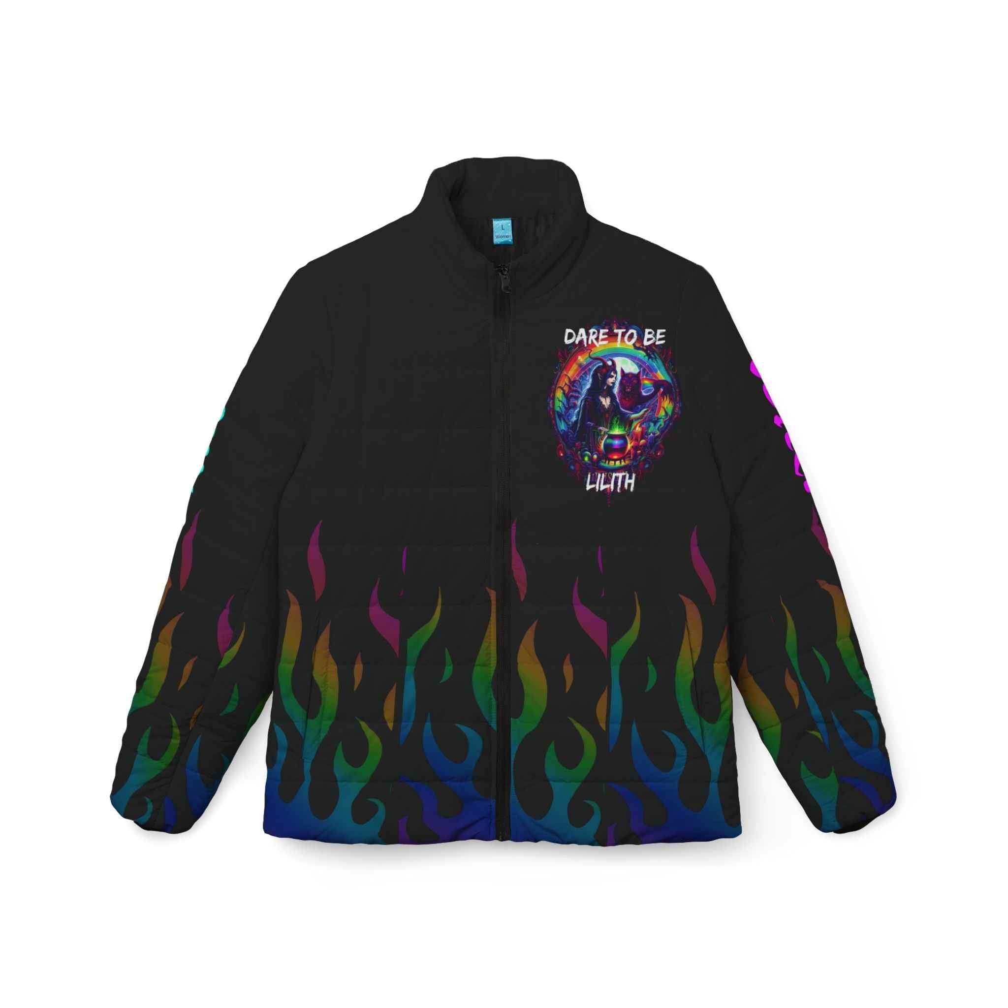 Women’s Puffer Jacket — "Embrace Your Inner Lilth" Rainbow Flame All-Over Print