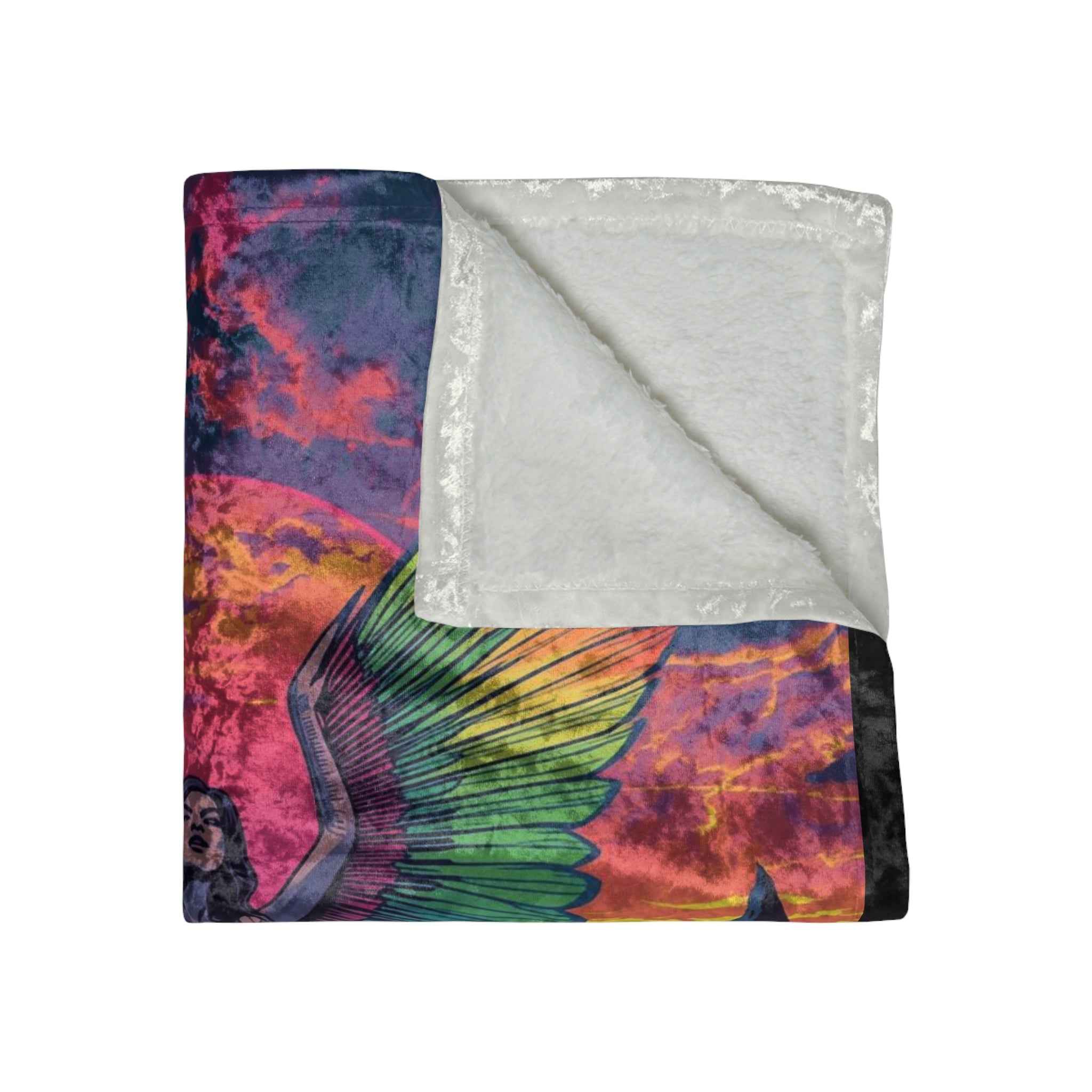Trippy Gothic Fallen Angel Lilith Crushed Velvet Blanket — Psychedelic Rainbow Sunset