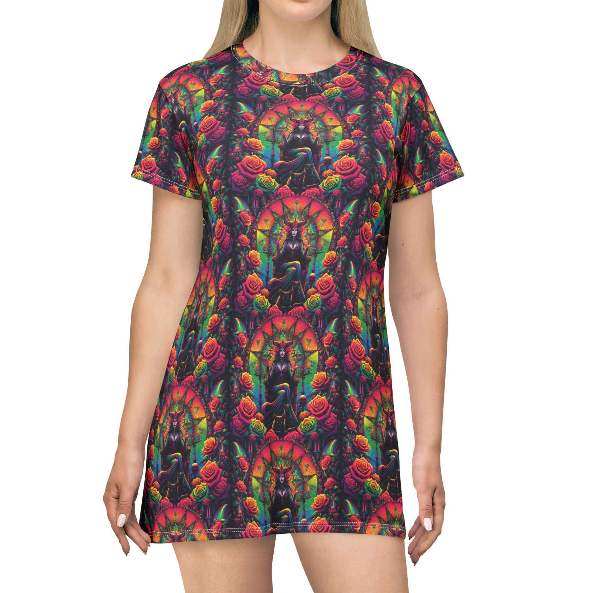 Trippy Gothic Witch Goddess Throne T-Shirt Dress
