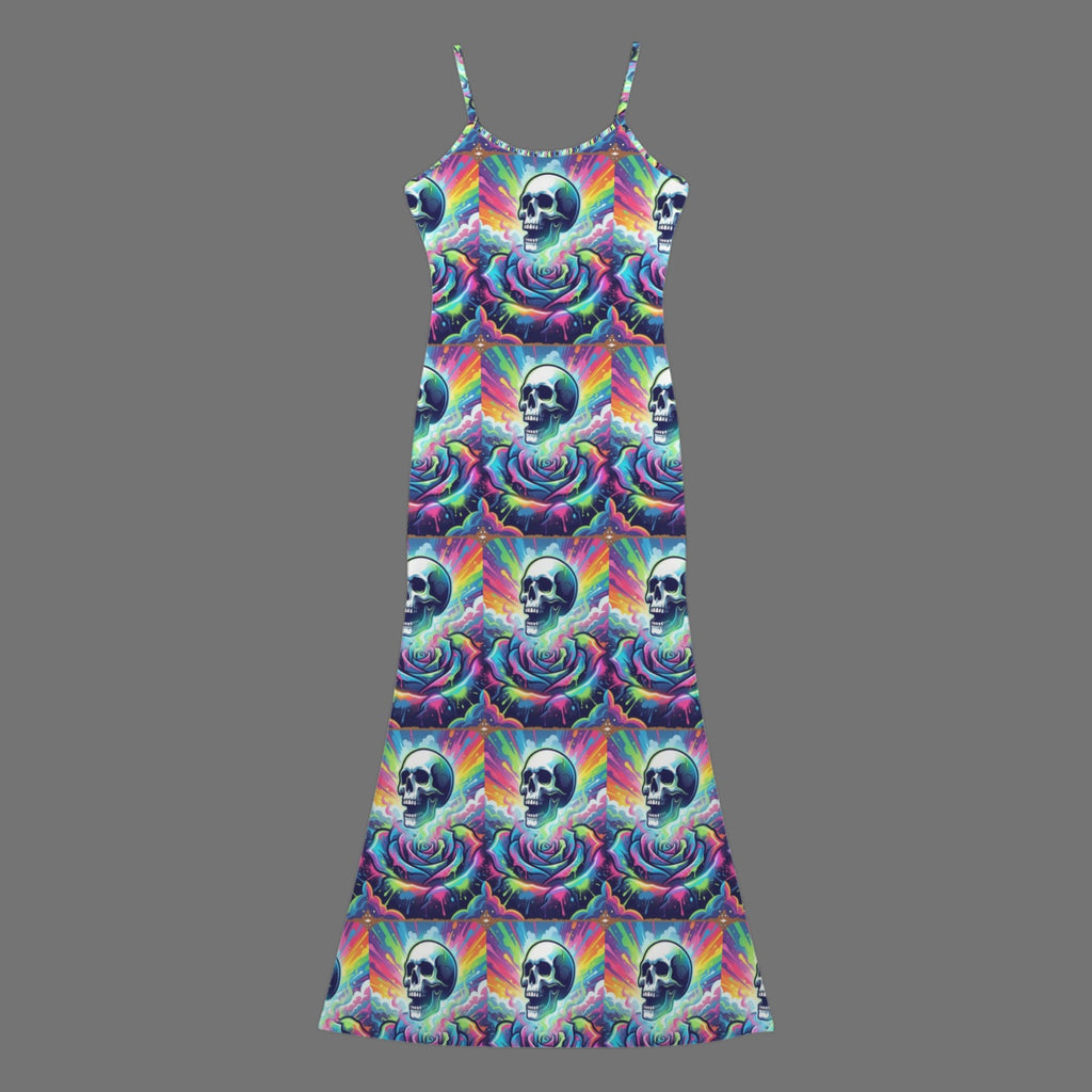 Gothic neon skull print long sleevless slip maxi dress