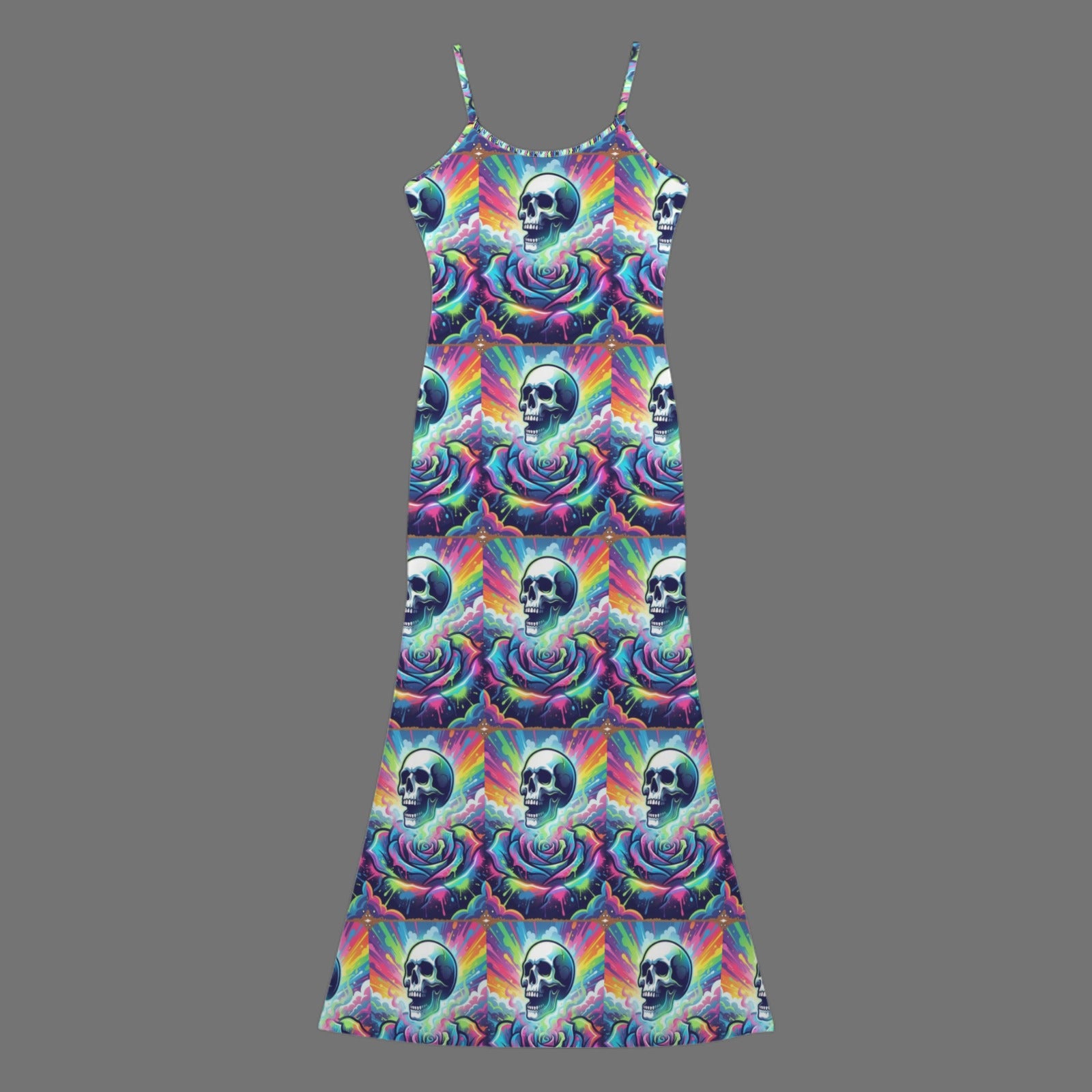 Gothic neon skull print long sleevless slip maxi dress