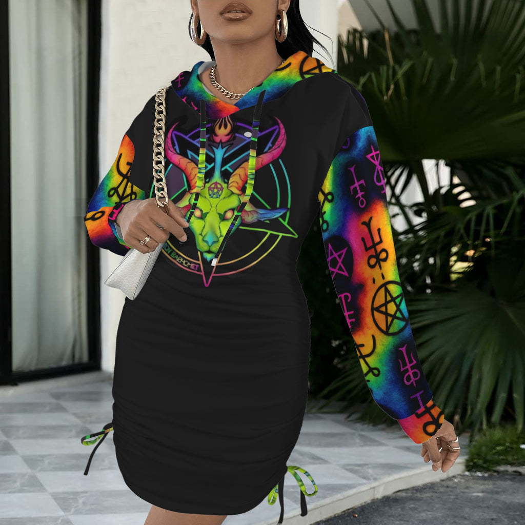 Rainbow goat head and pentagram Gothic Style Hoodie Dress - Night Bloom Digital Empire Studios