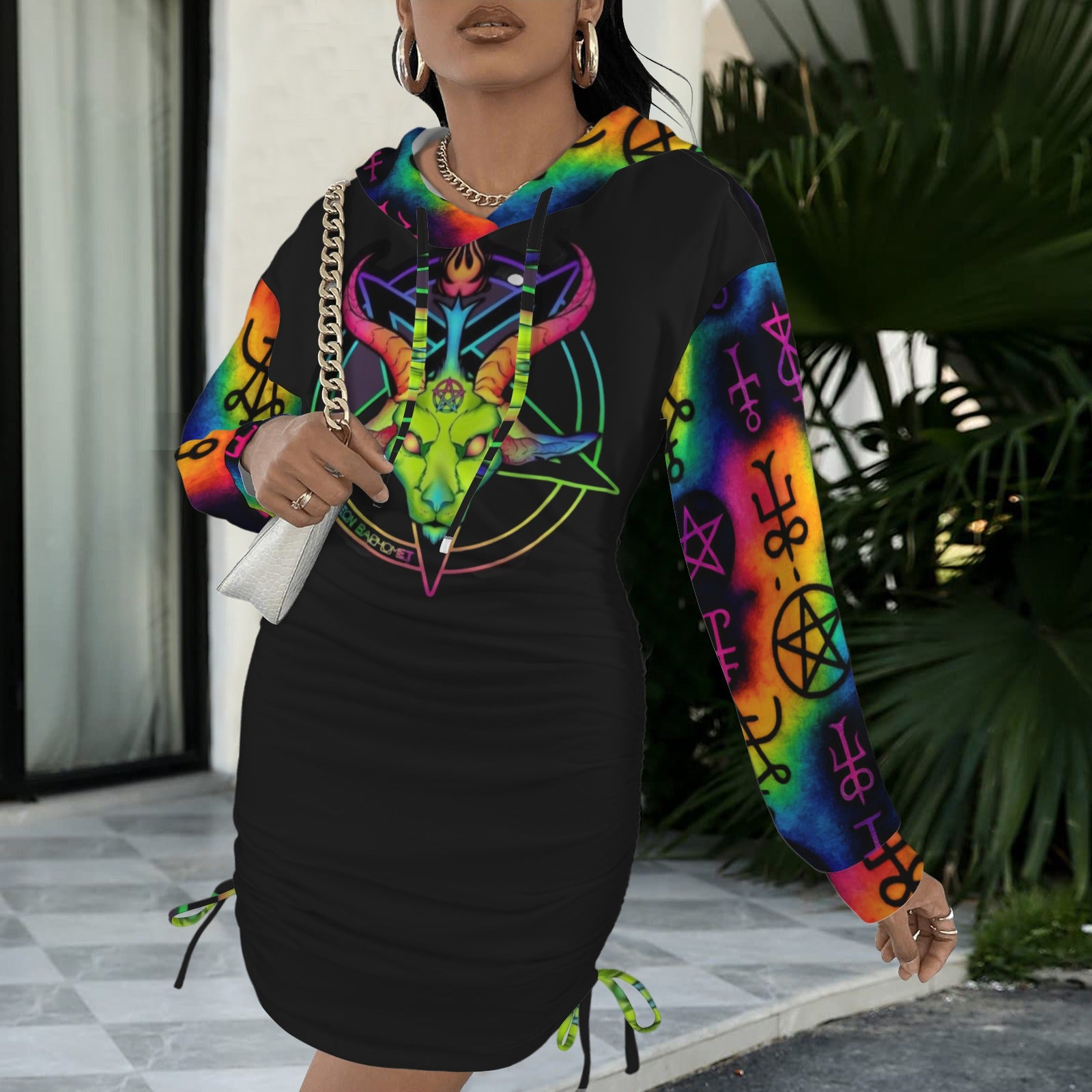 Rainbow goat head and pentagram Gothic Style Hoodie Dress