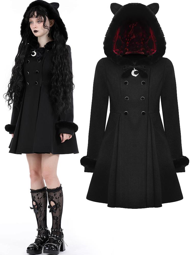 Gothic Dark Cat Ear Black Hooded Coat - Night Bloom Digital Empire Studios