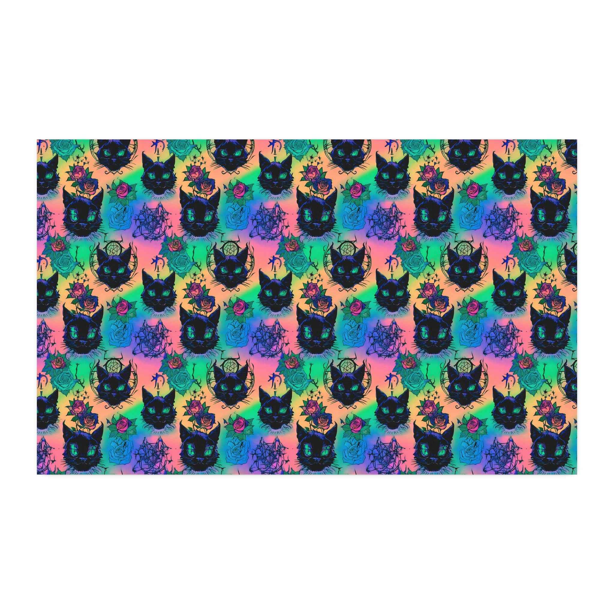 Faux Linen Fabric by the Yard — Neon Watercolor Black Cat Pattern