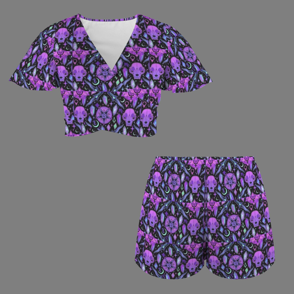Gothic Cat Skull Crystal Witch Print 2 Peice Shorts Outfit Set