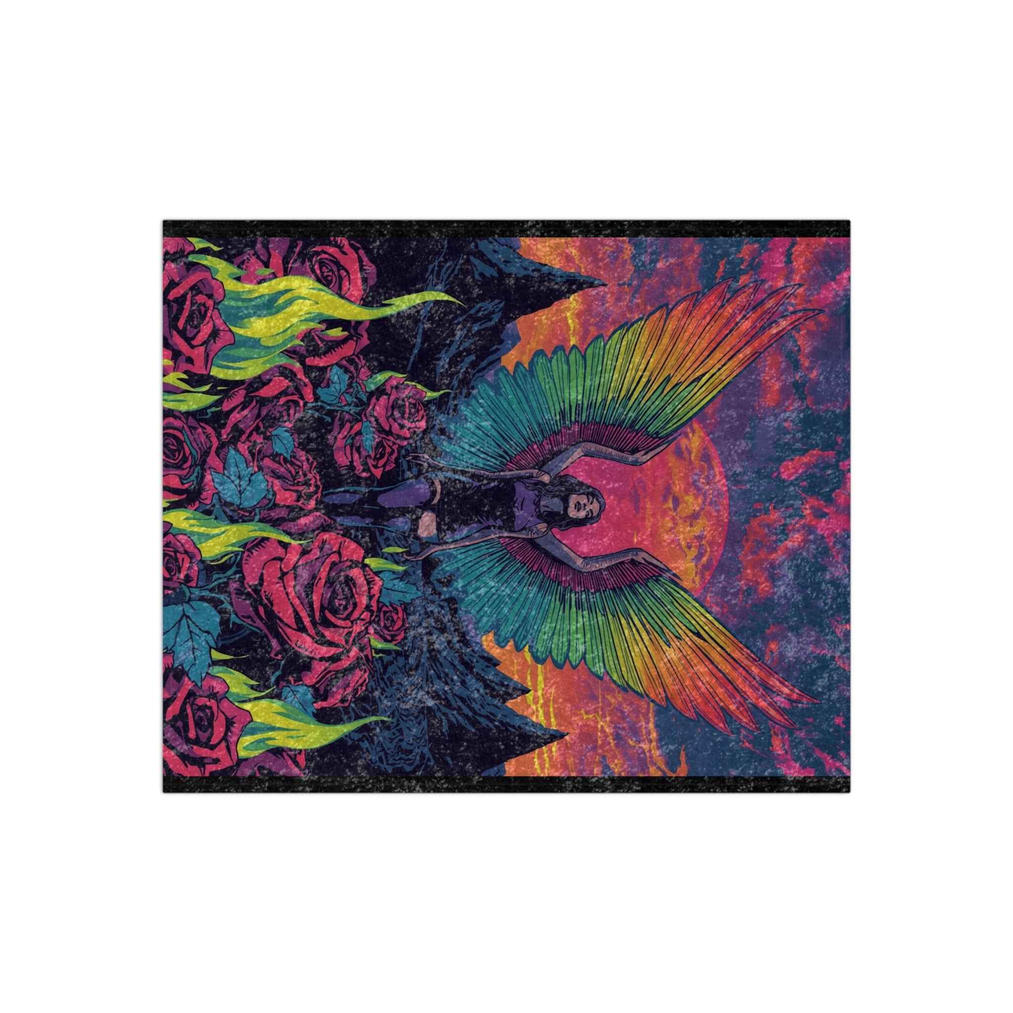 Trippy Gothic Fallen Angel Lilith Crushed Velvet Blanket — Psychedelic Rainbow Sunset