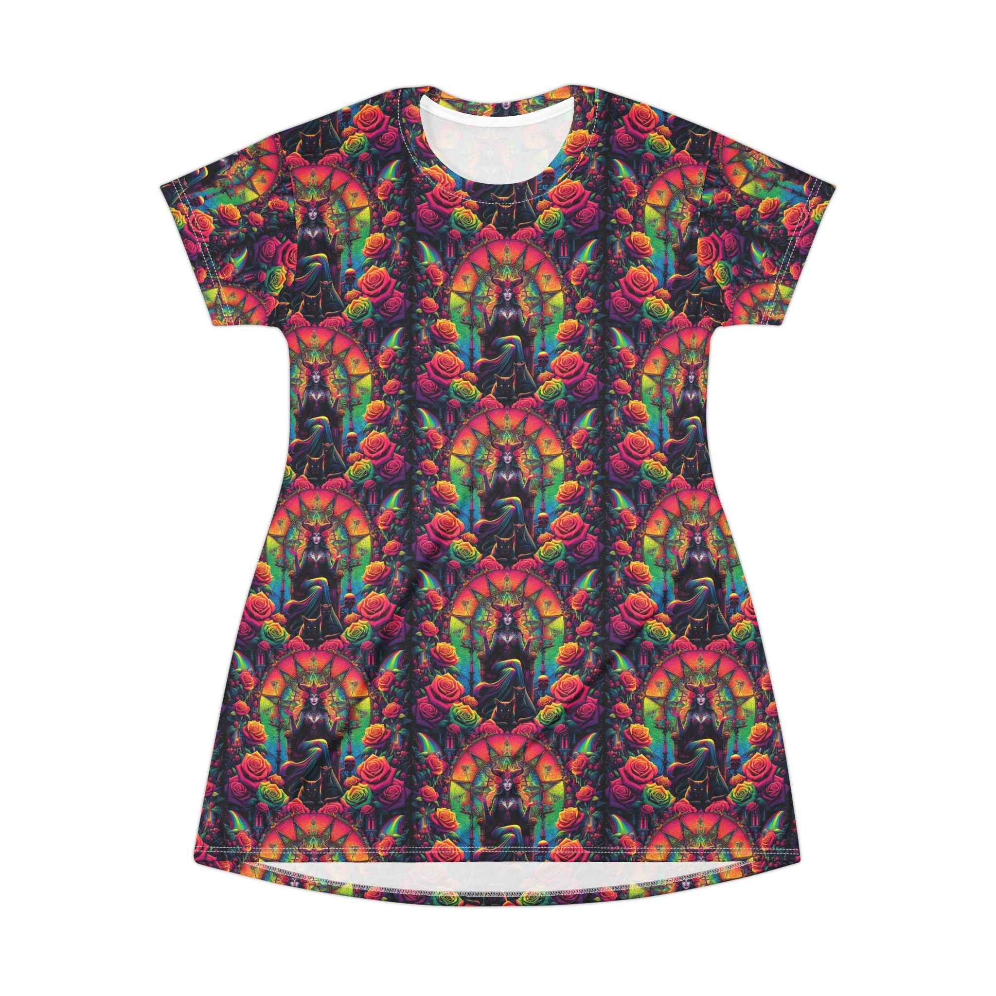 Trippy Gothic Witch Goddess Throne T-Shirt Dress