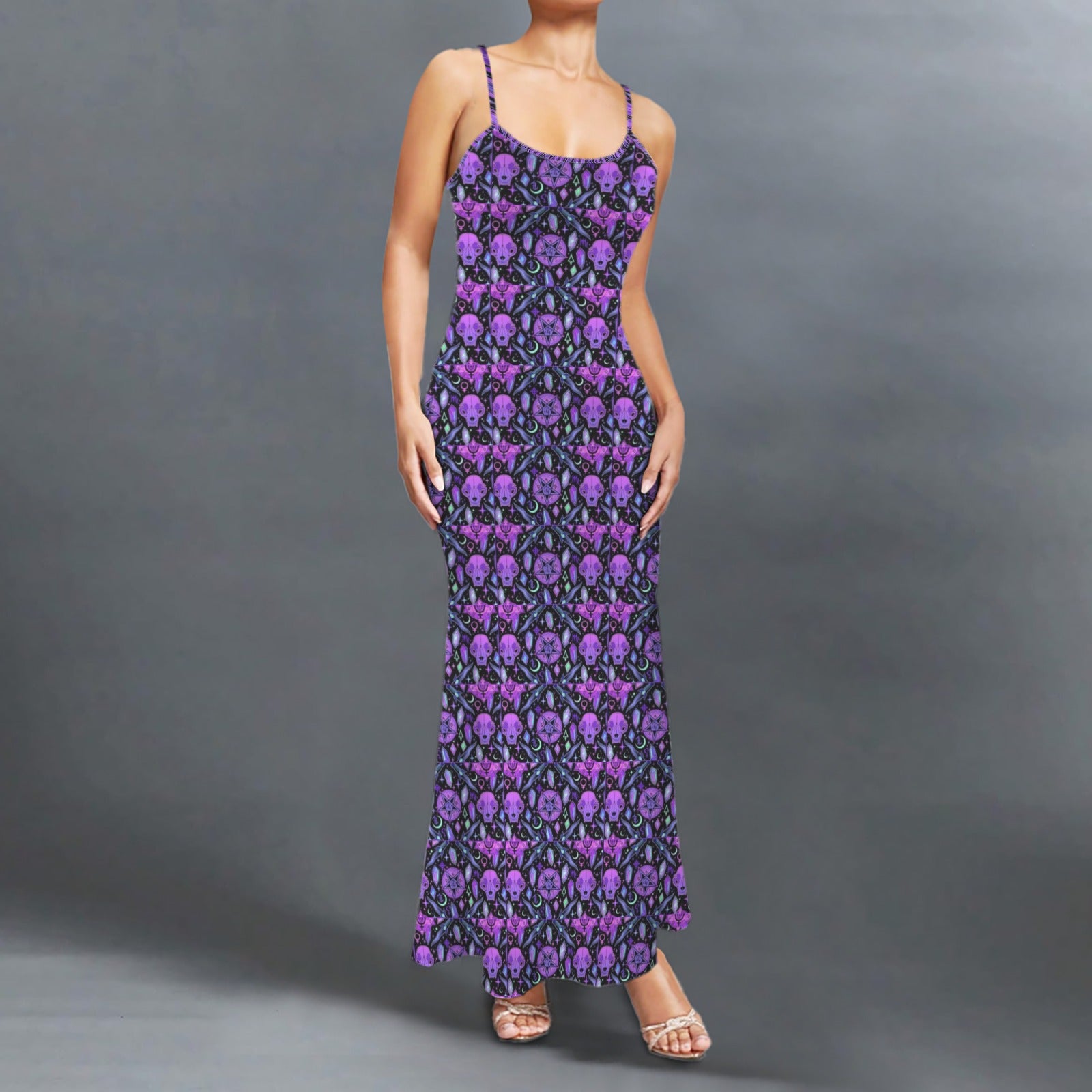 Gothic neon cat skull print long sleevless slip maxi dress
