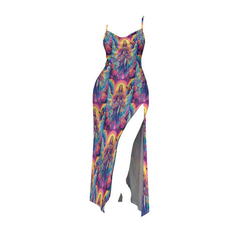 Colorful Goddess Sexy Gothic Silk Slip Dress With Thigh Slit 2