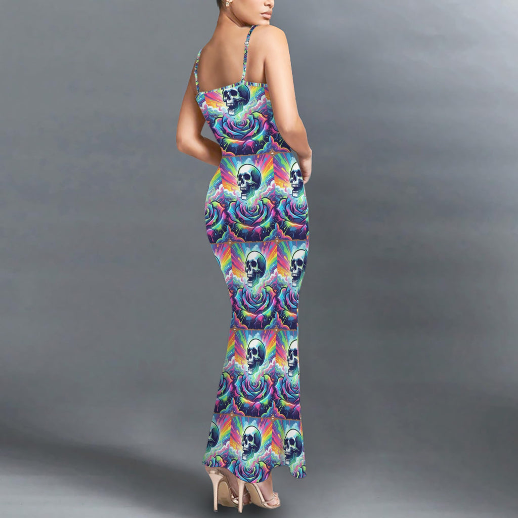 Gothic neon skull print long sleevless slip maxi dress