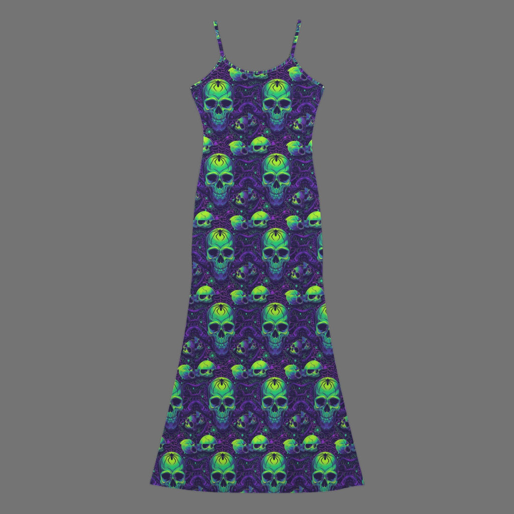 Gothic neon skull print long sleevless slip maxi dress