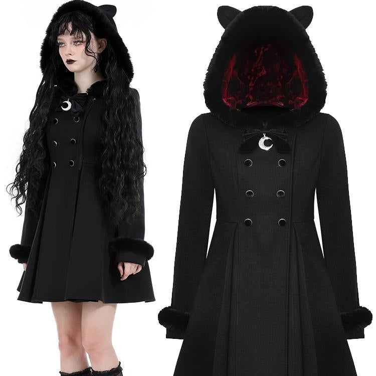 Gothic Dark Cat Ear Black Hooded Coat - Night Bloom Digital Empire Studios