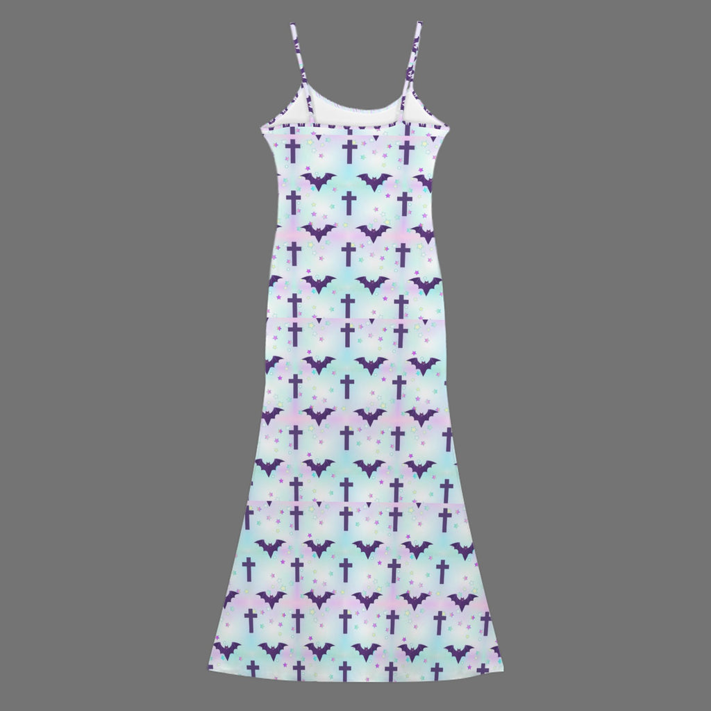Gothic bats and crosses print long sleevless slip maxi dress