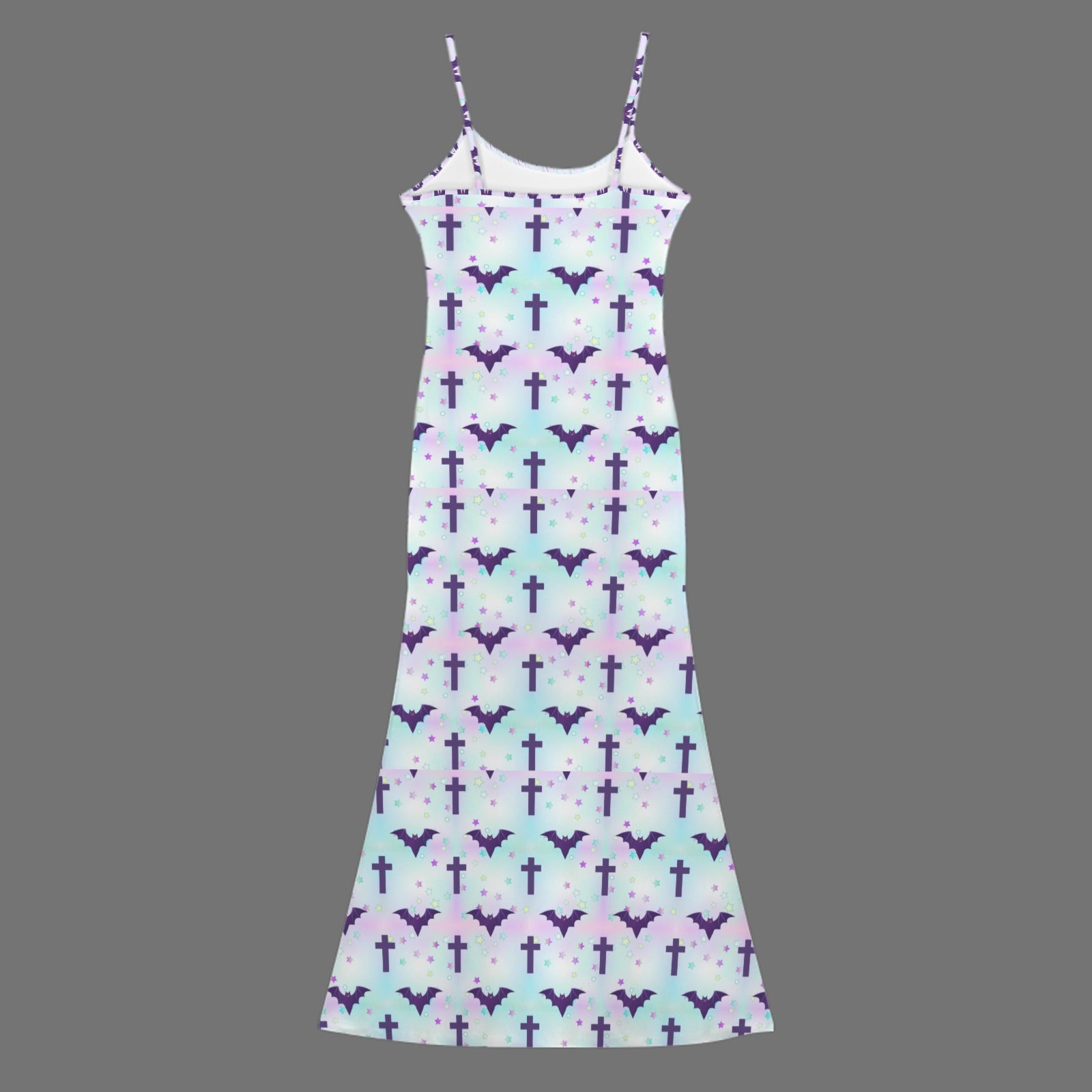 Gothic bats and crosses print long sleevless slip maxi dress