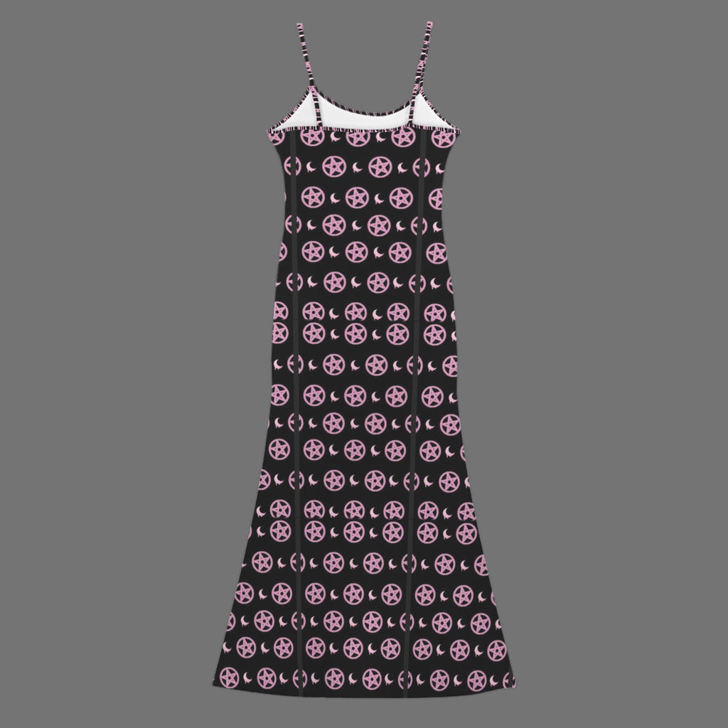 Gothic pentagram print long sleevless slip maxi dress
