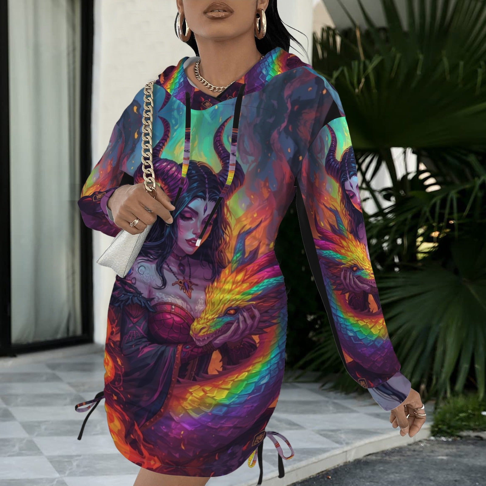 Trippy Rainbow Dragon Goddess Gothic Style Hoodie Dress 16