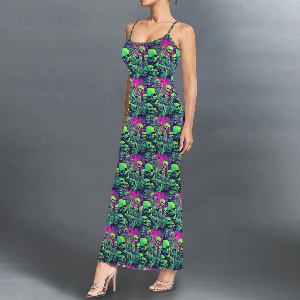 Gothic neon skull print long sleevless slip maxi dress