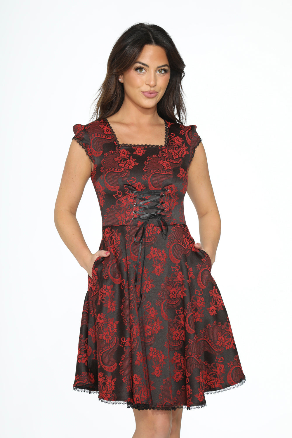 21441 Red Brocade Gothic Swing Dress - Night Bloom Digital Empire Studios