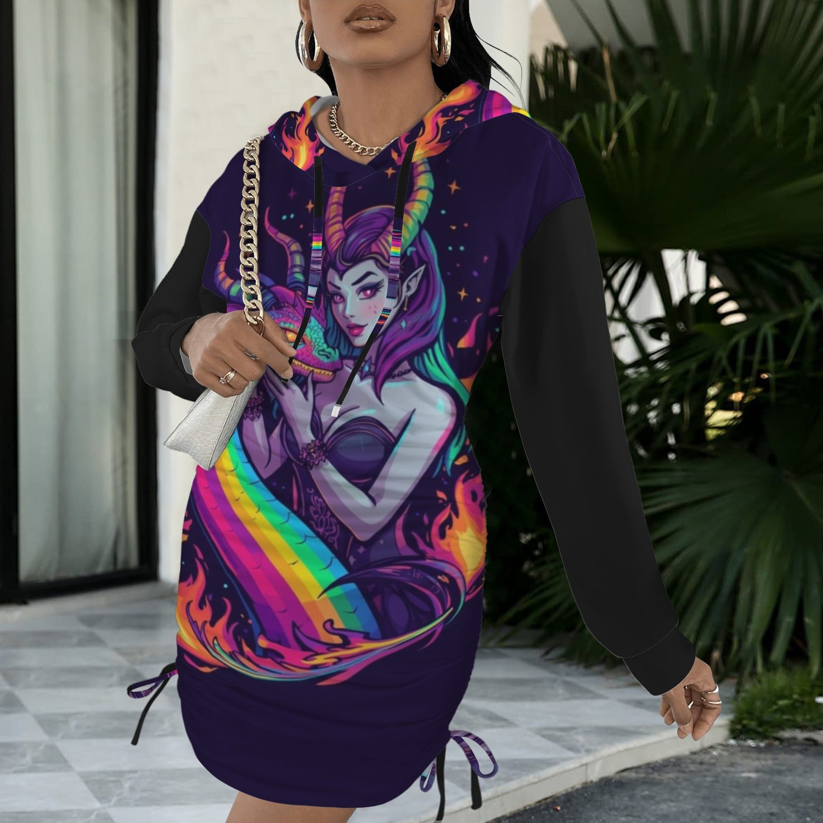 Rainbow Goddess Gothic Style Hoodie Dress - Night Bloom Digital Empire Studios