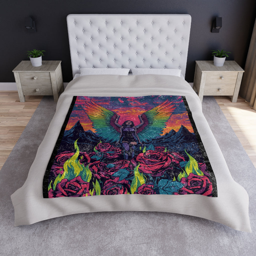 Trippy Gothic Fallen Angel Lilith Crushed Velvet Blanket — Psychedelic Rainbow Sunset