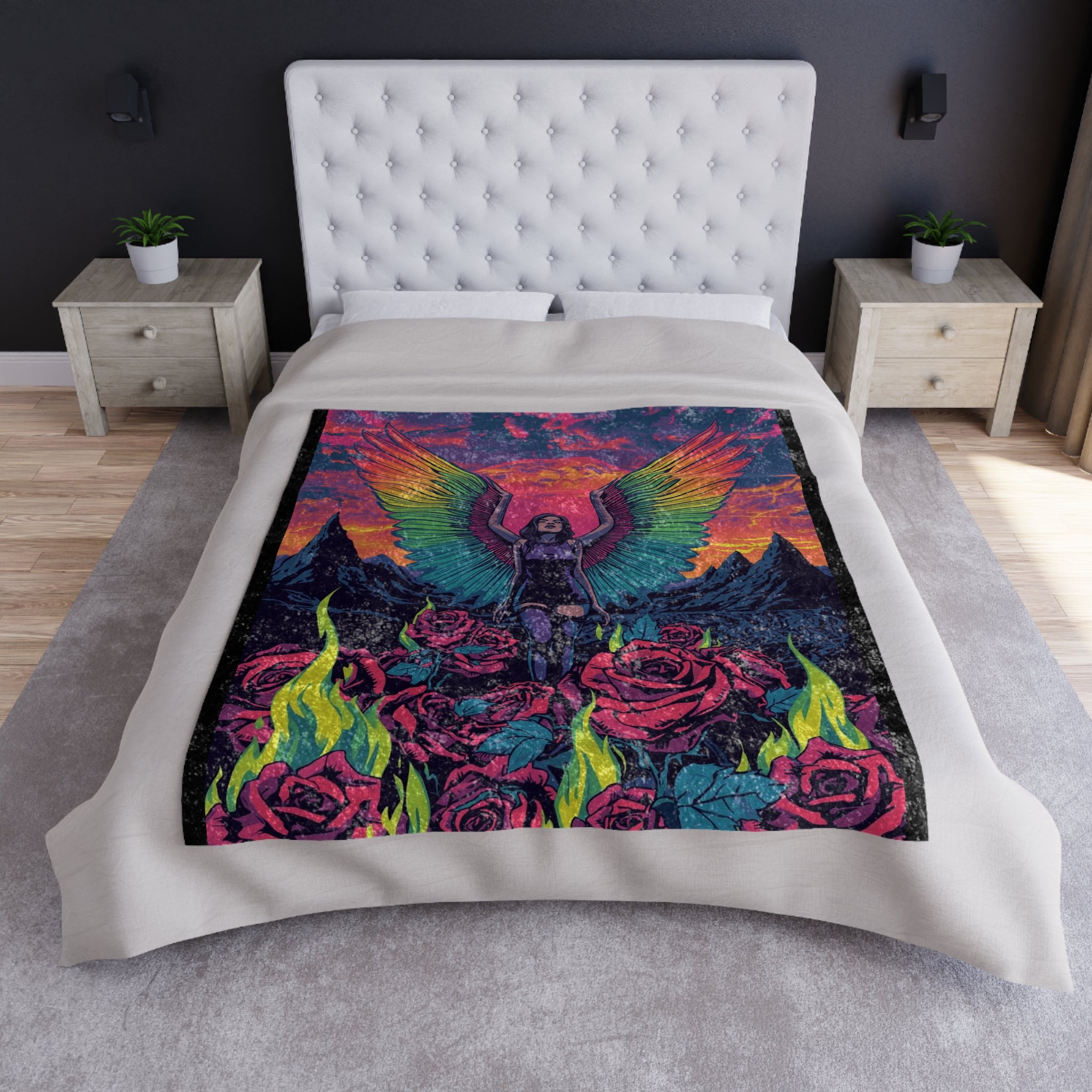 Trippy Gothic Fallen Angel Lilith Crushed Velvet Blanket — Psychedelic Rainbow Sunset