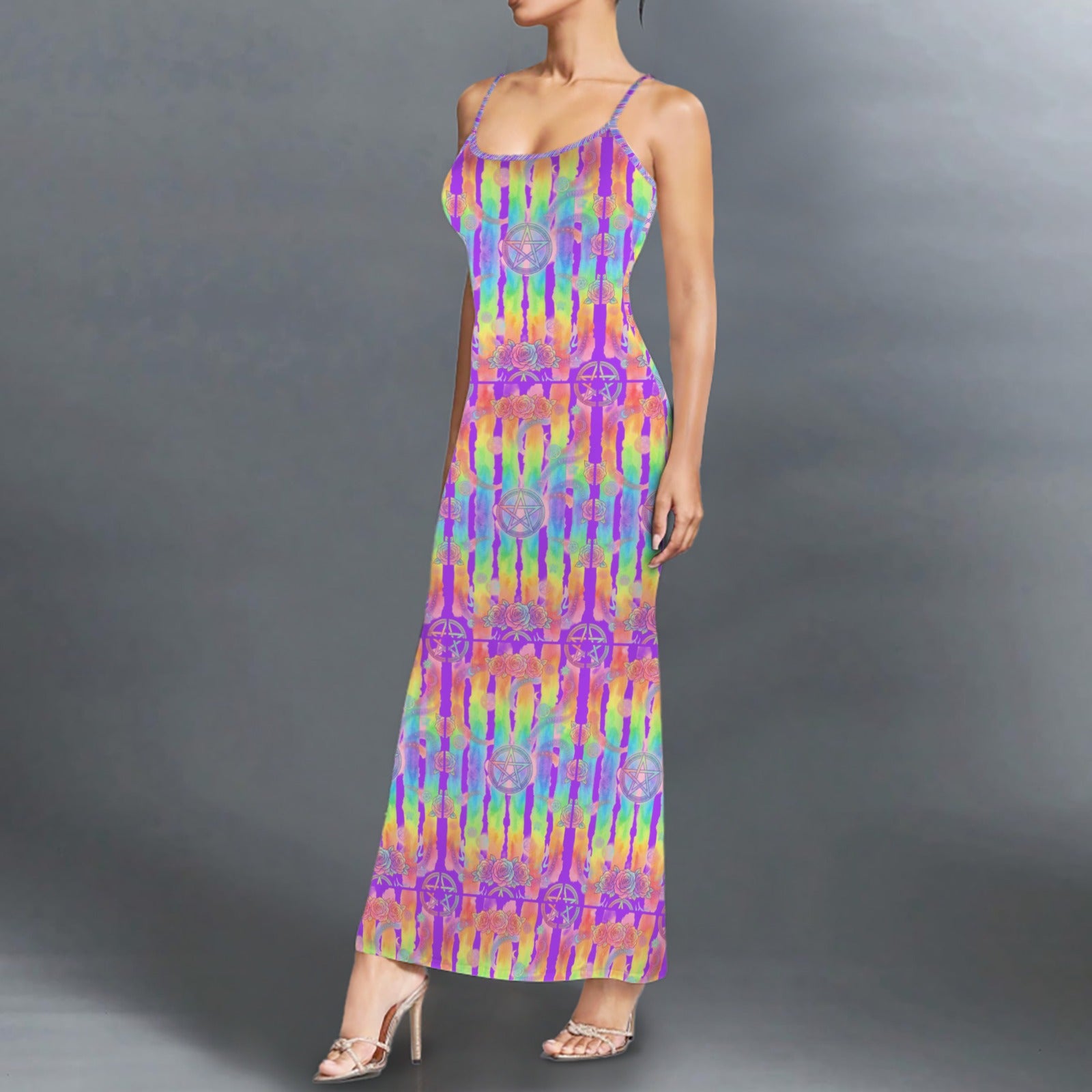 Gothic neon  print long sleevless slip maxi dress - Night Bloom Digital Empire Studios