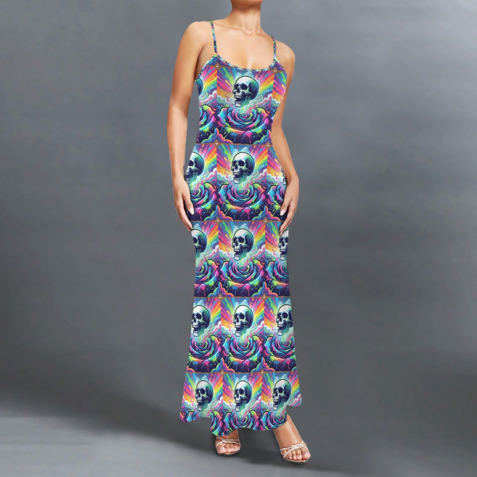 Gothic neon skull print long sleevless slip maxi dress