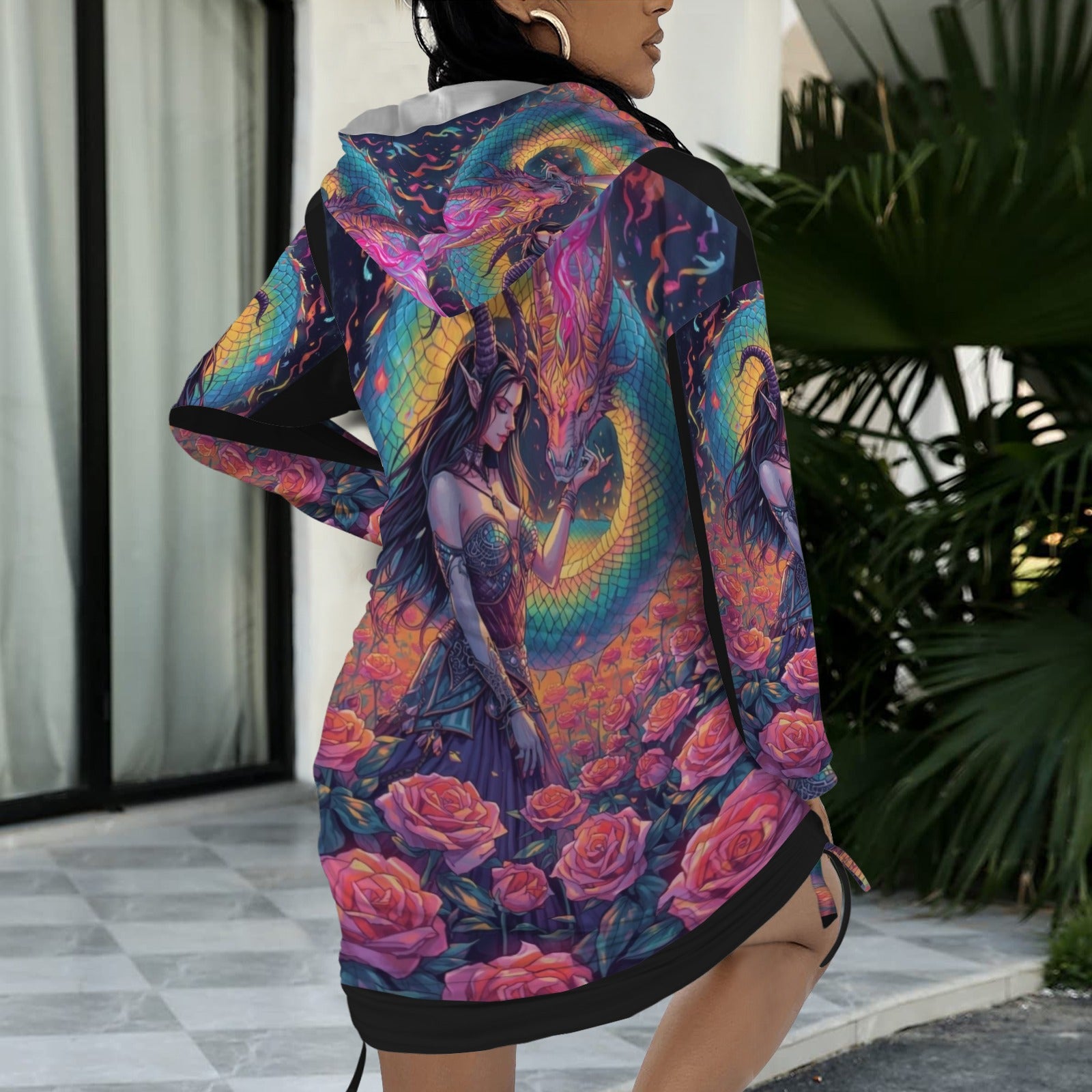 Trippy Rainbow Dragon Goddess Gothic Style Hoodie Dress 10