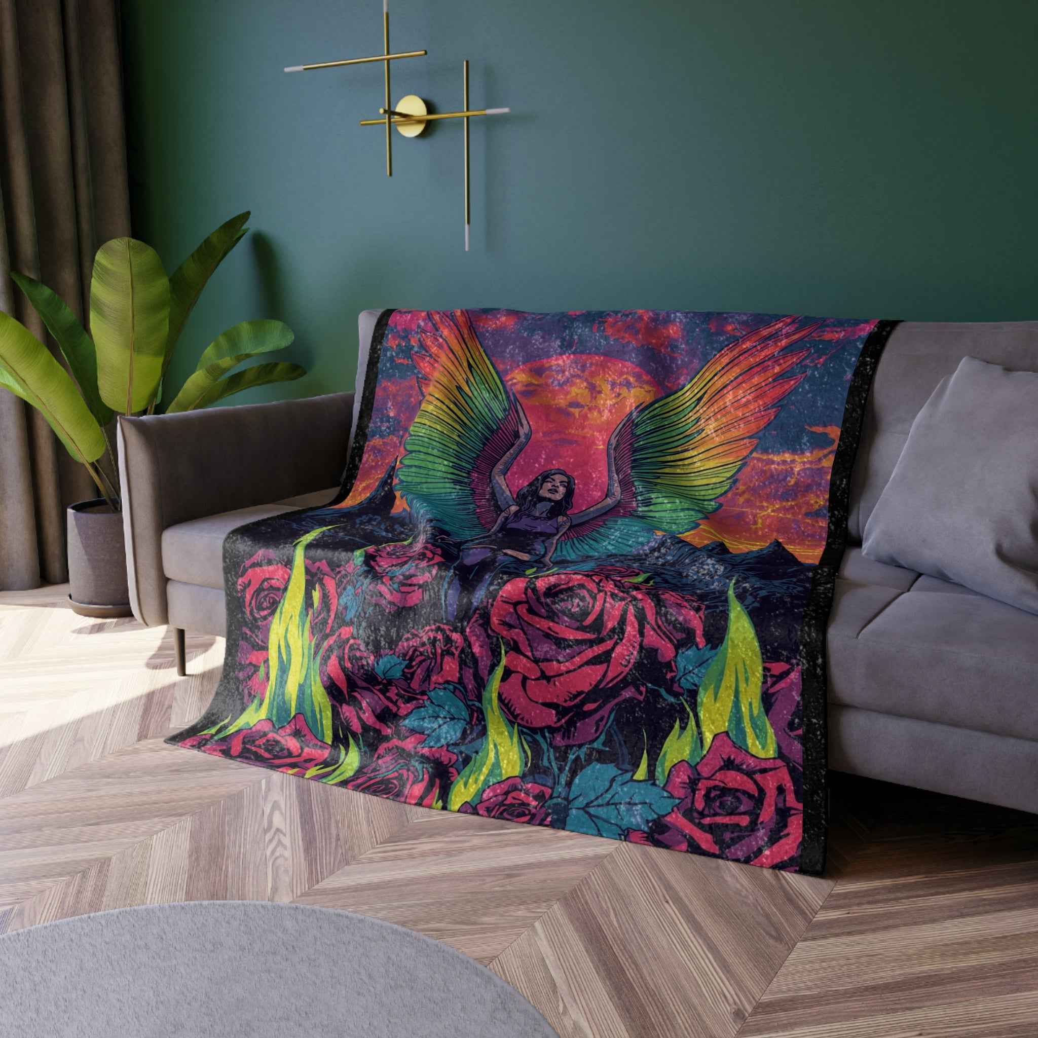 Trippy Gothic Fallen Angel Lilith Crushed Velvet Blanket — Psychedelic Rainbow Sunset
