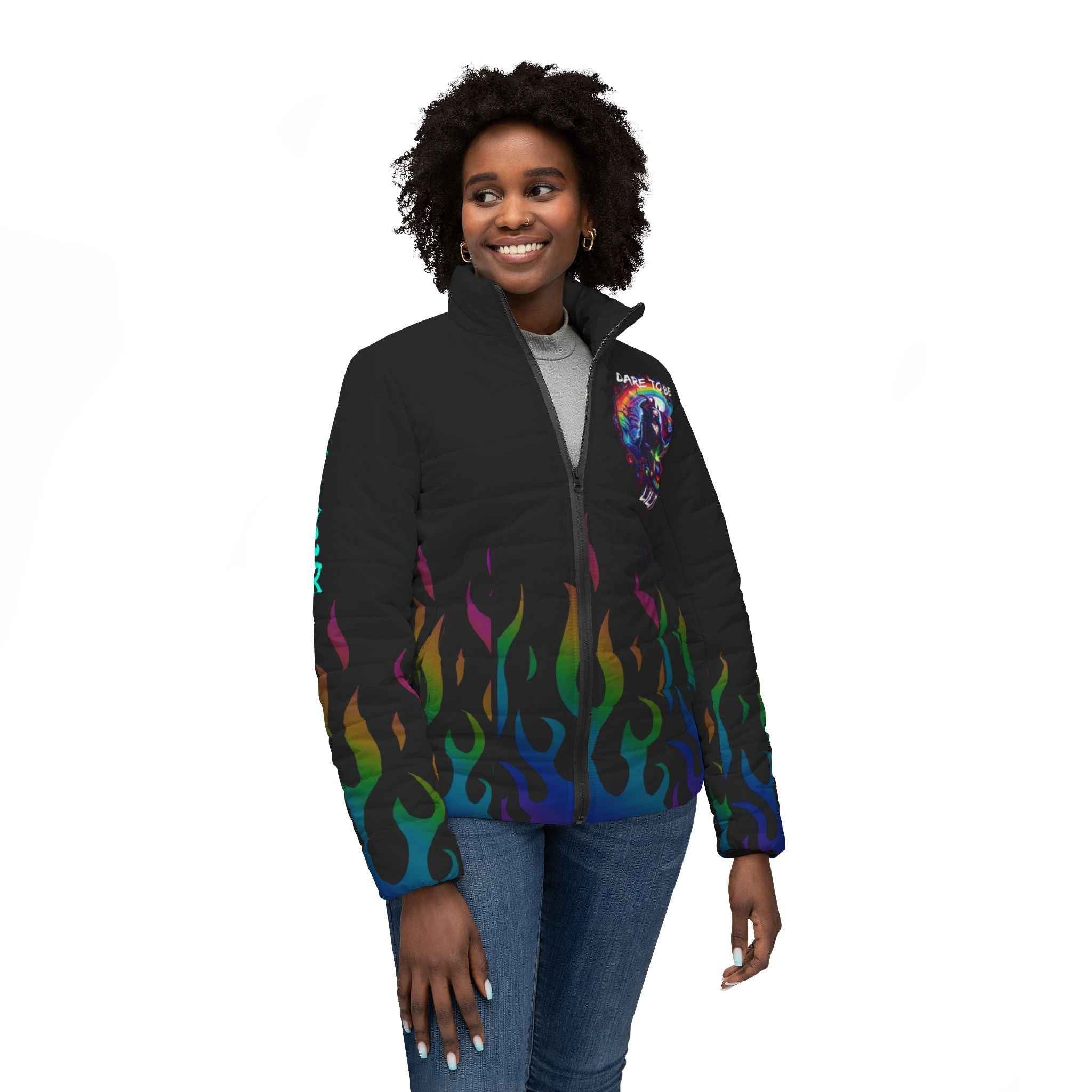 Women’s Puffer Jacket — "Embrace Your Inner Lilth" Rainbow Flame All-Over Print