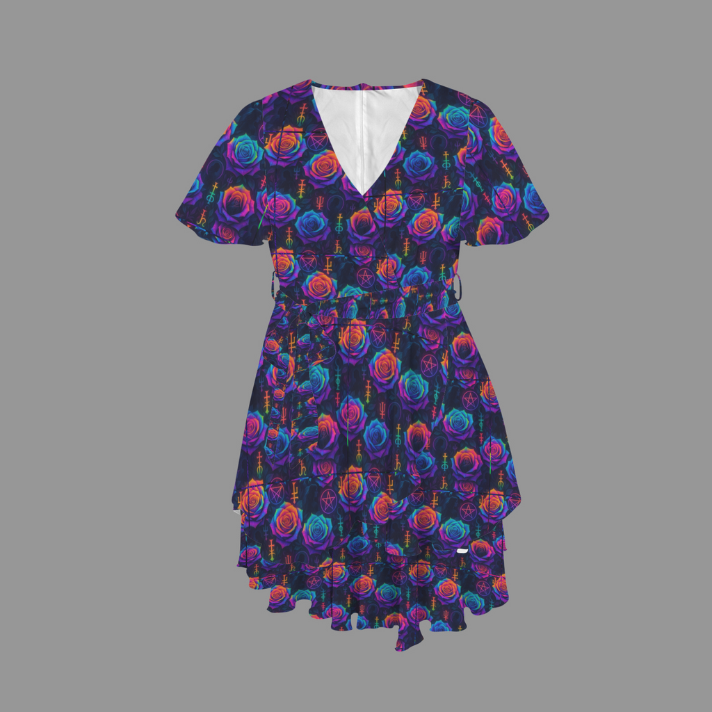 SSeamless repeating textile pattern, tessellated grid layout, rainbow tie-dye gradient roses layered