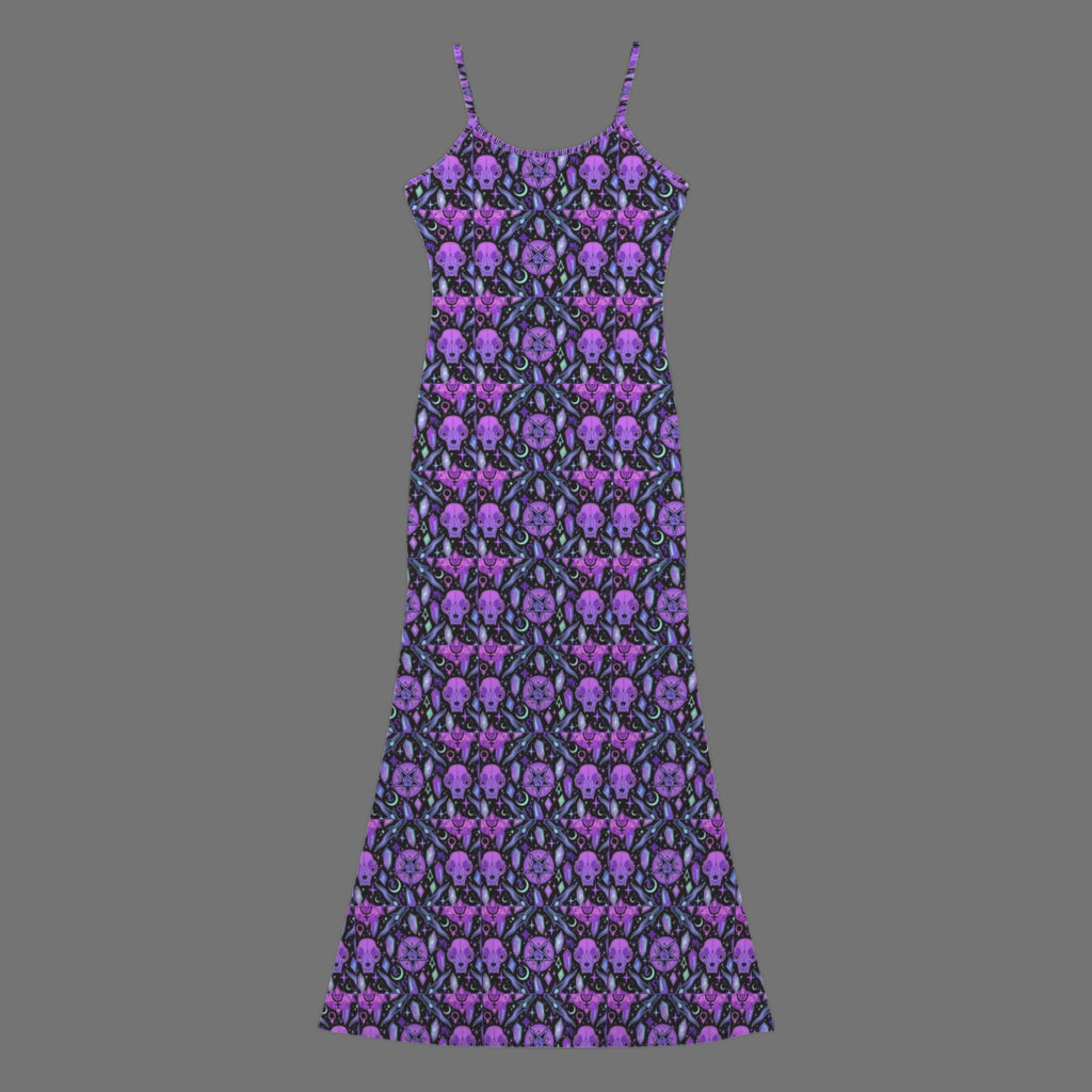 Gothic neon cat skull print long sleevless slip maxi dress - Night Bloom Digital Empire Studios