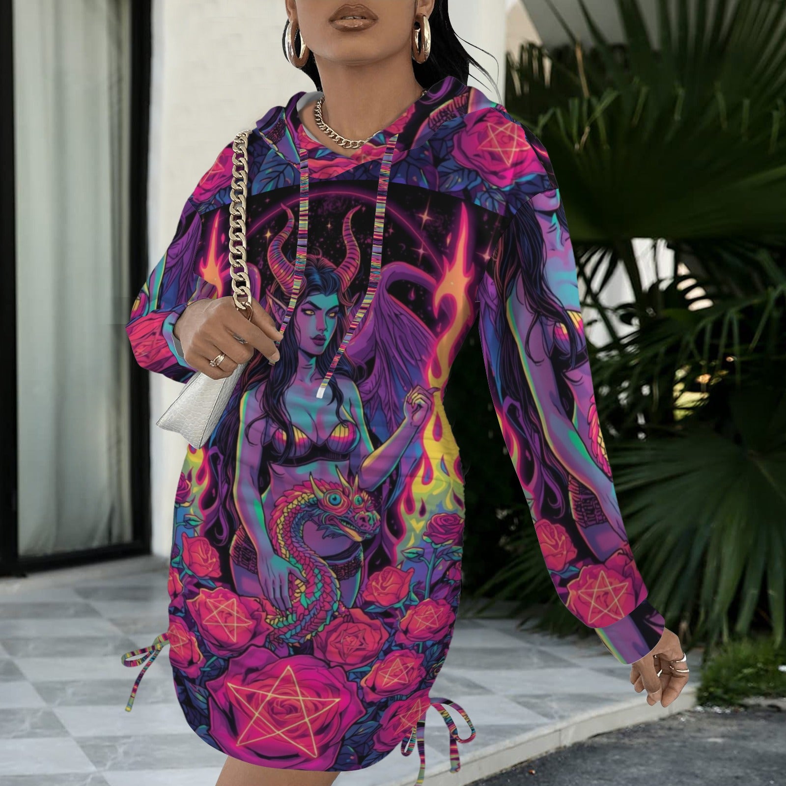 Trippy Rainbow Dragon Goddess Gothic Style Hoodie Dress 2