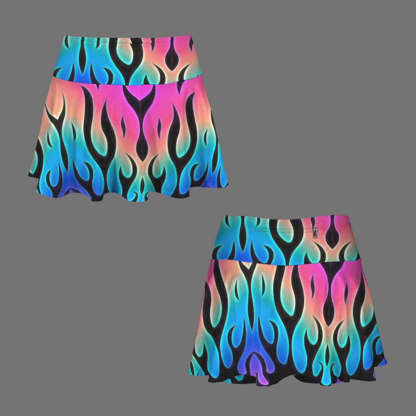 Trippy Gothic Flames Print Pleated Mini Skort