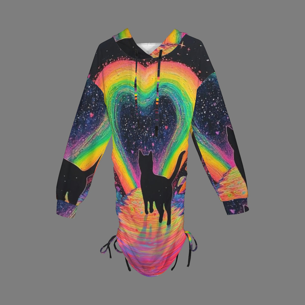 Trippy Rainbow  Back Cat Gothic Style Hoodie Dress