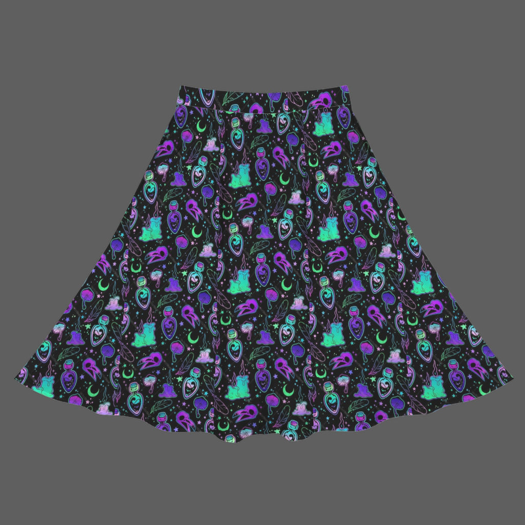 Gothic Bird Skull and Potion Print Cotton Maxi Skirt