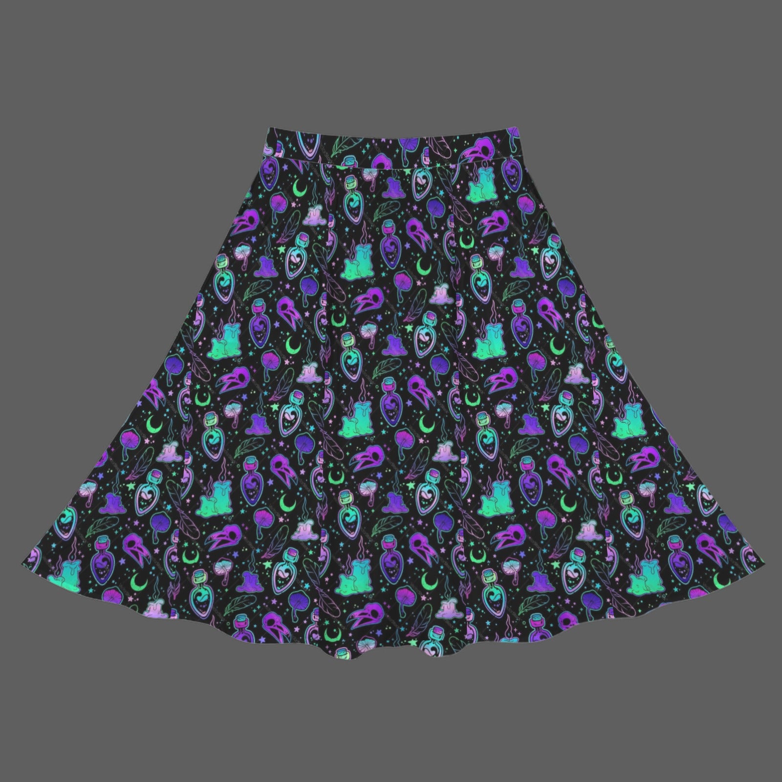Gothic Bird Skull and Potion Print Cotton Maxi Skirt
