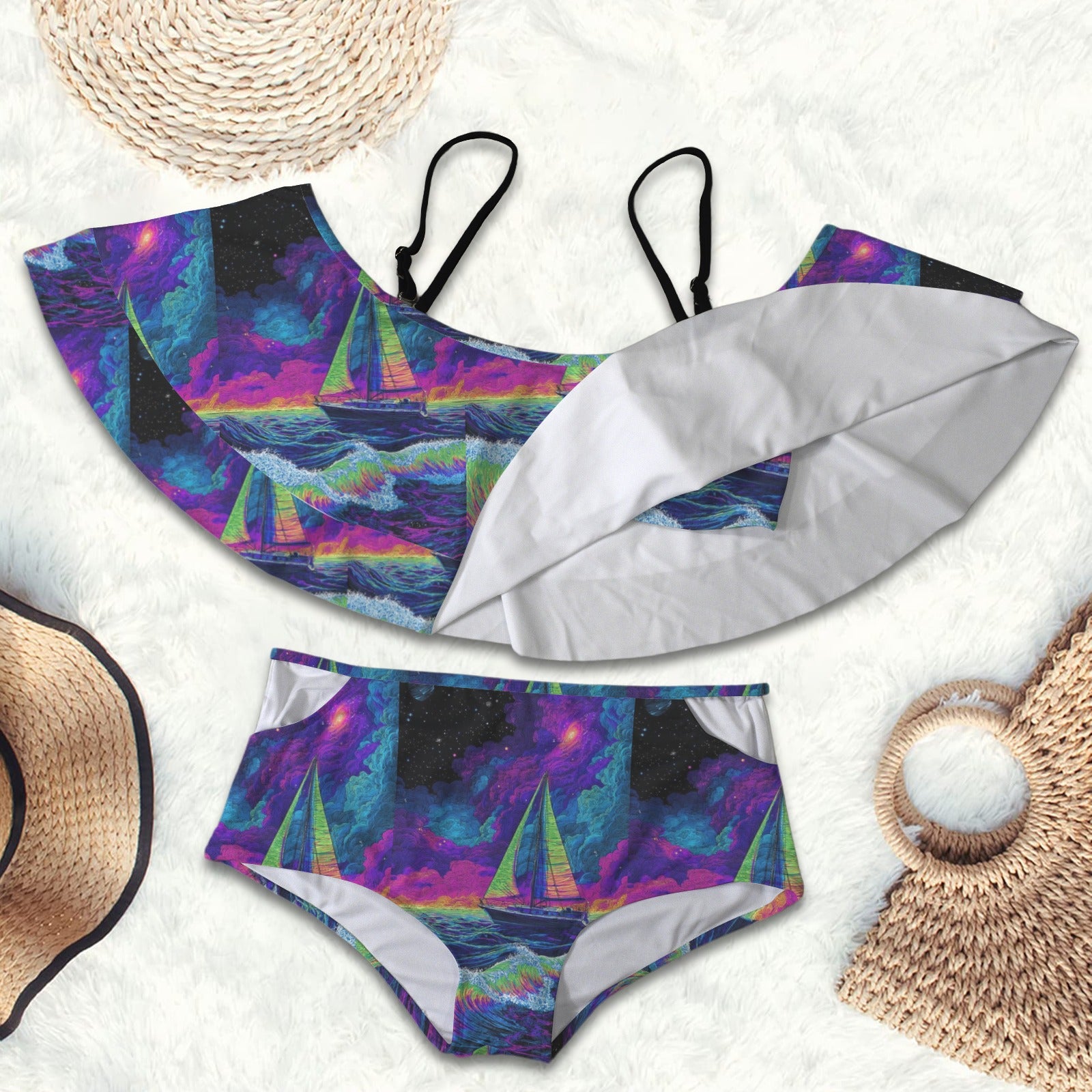 trippy Gothic ocean boat Print 2 peice swim suit set