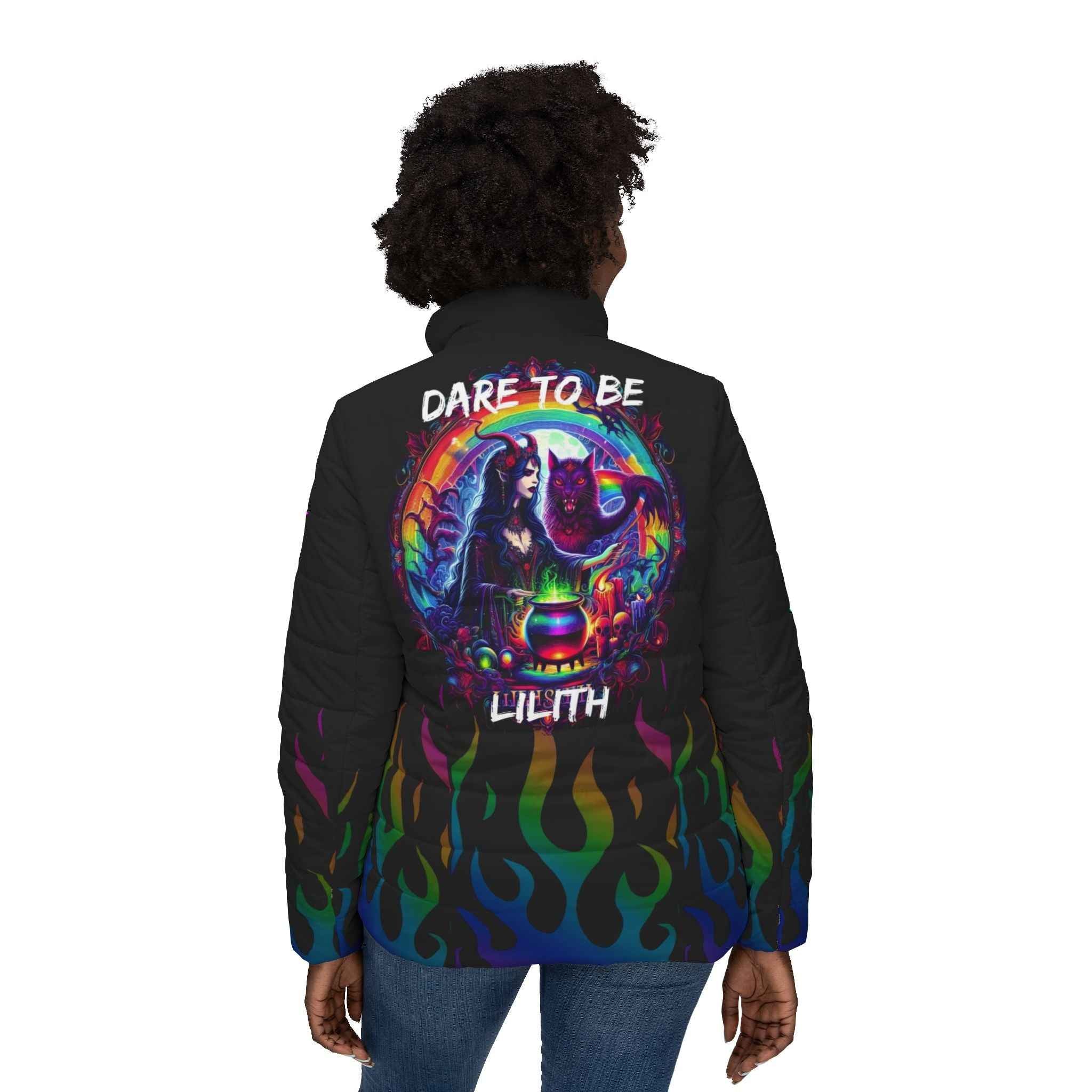 Women’s Puffer Jacket — "Embrace Your Inner Lilth" Rainbow Flame All-Over Print