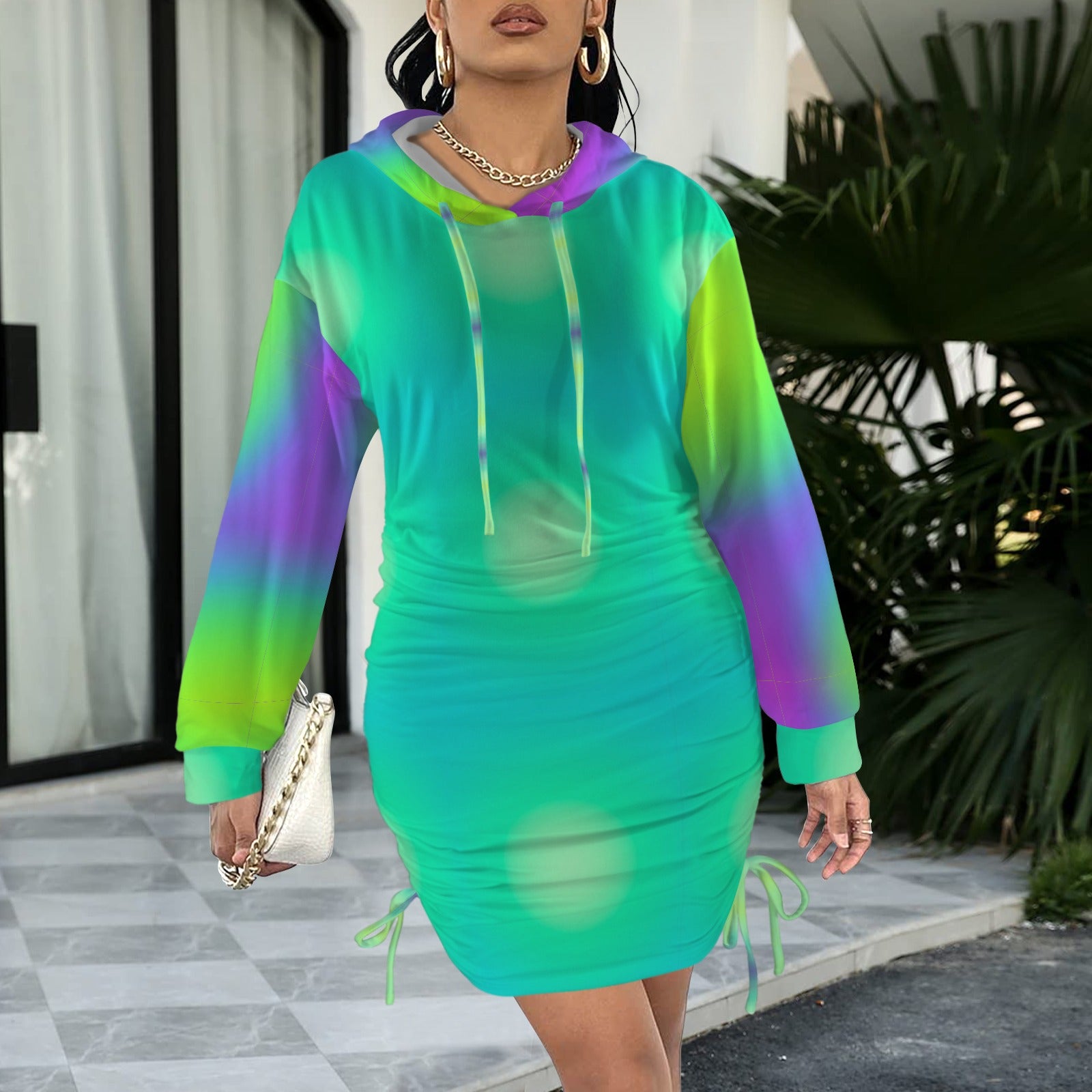 Trippy Teal Gradient Gothic Style Hoodie Dress
