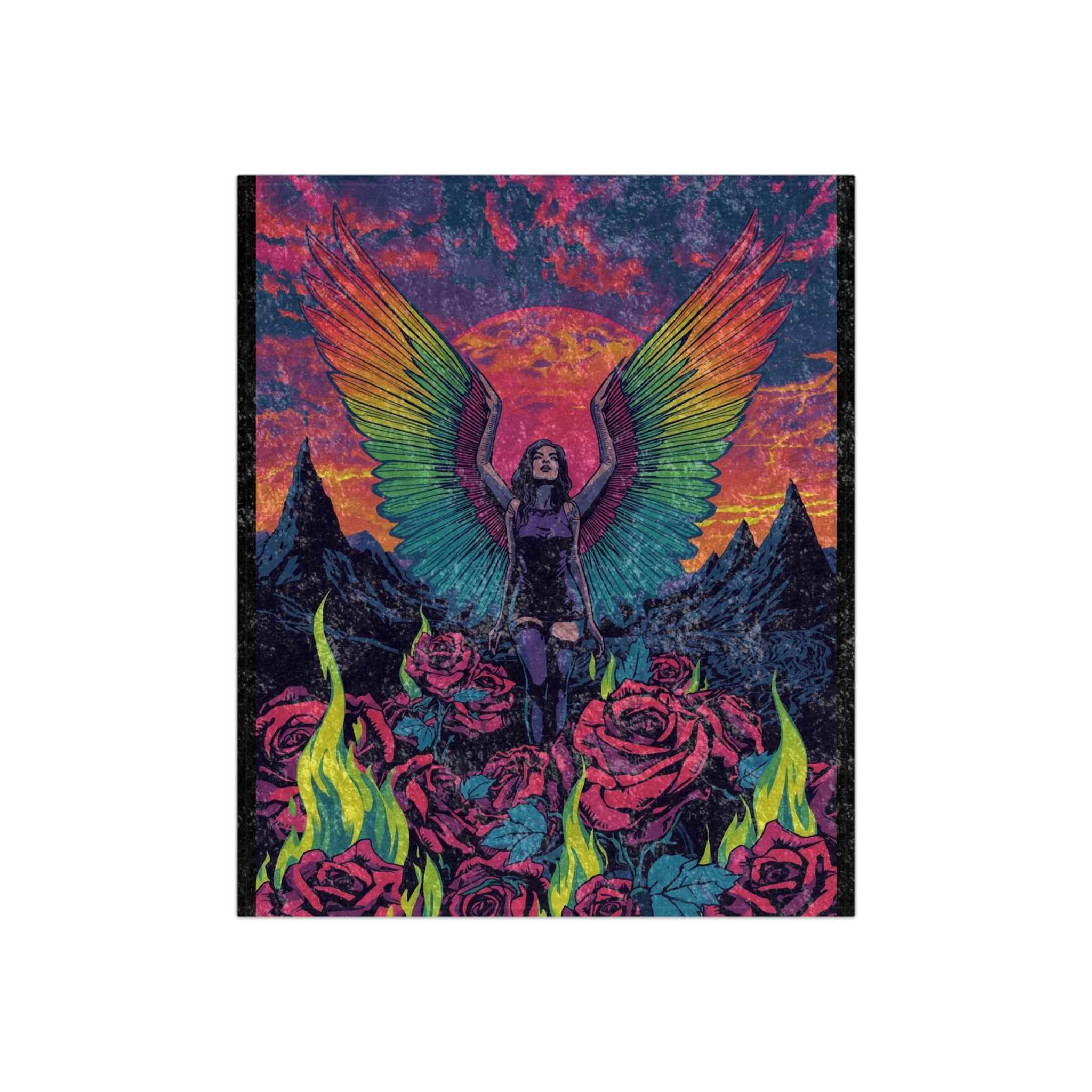 Trippy Gothic Fallen Angel Lilith Crushed Velvet Blanket — Psychedelic Rainbow Sunset
