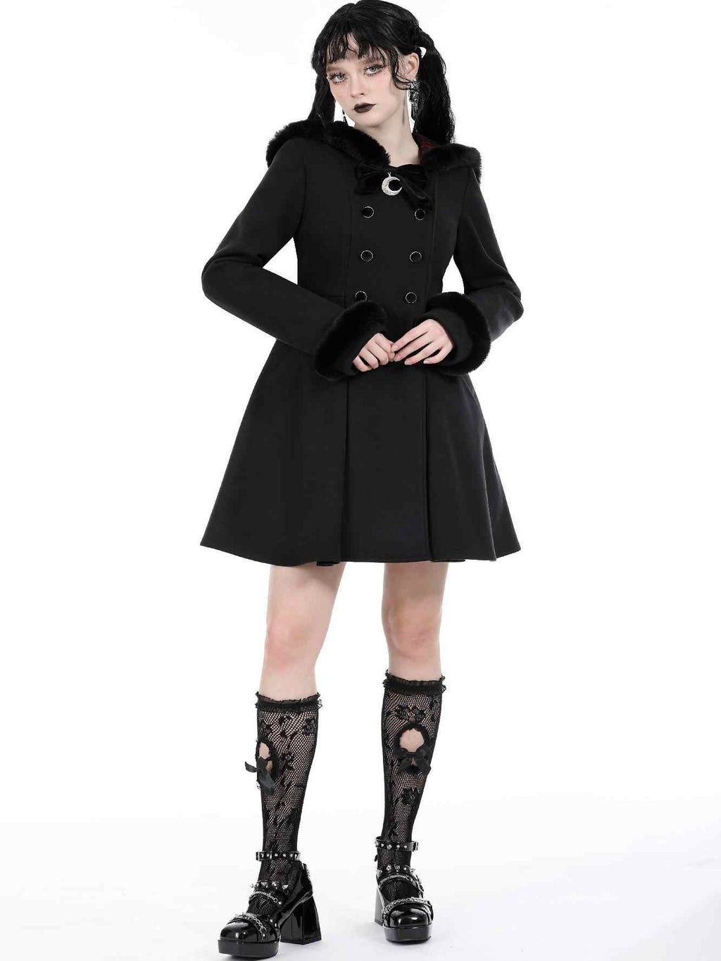 Gothic Dark Cat Ear Black Hooded Coat - Night Bloom Digital Empire Studios