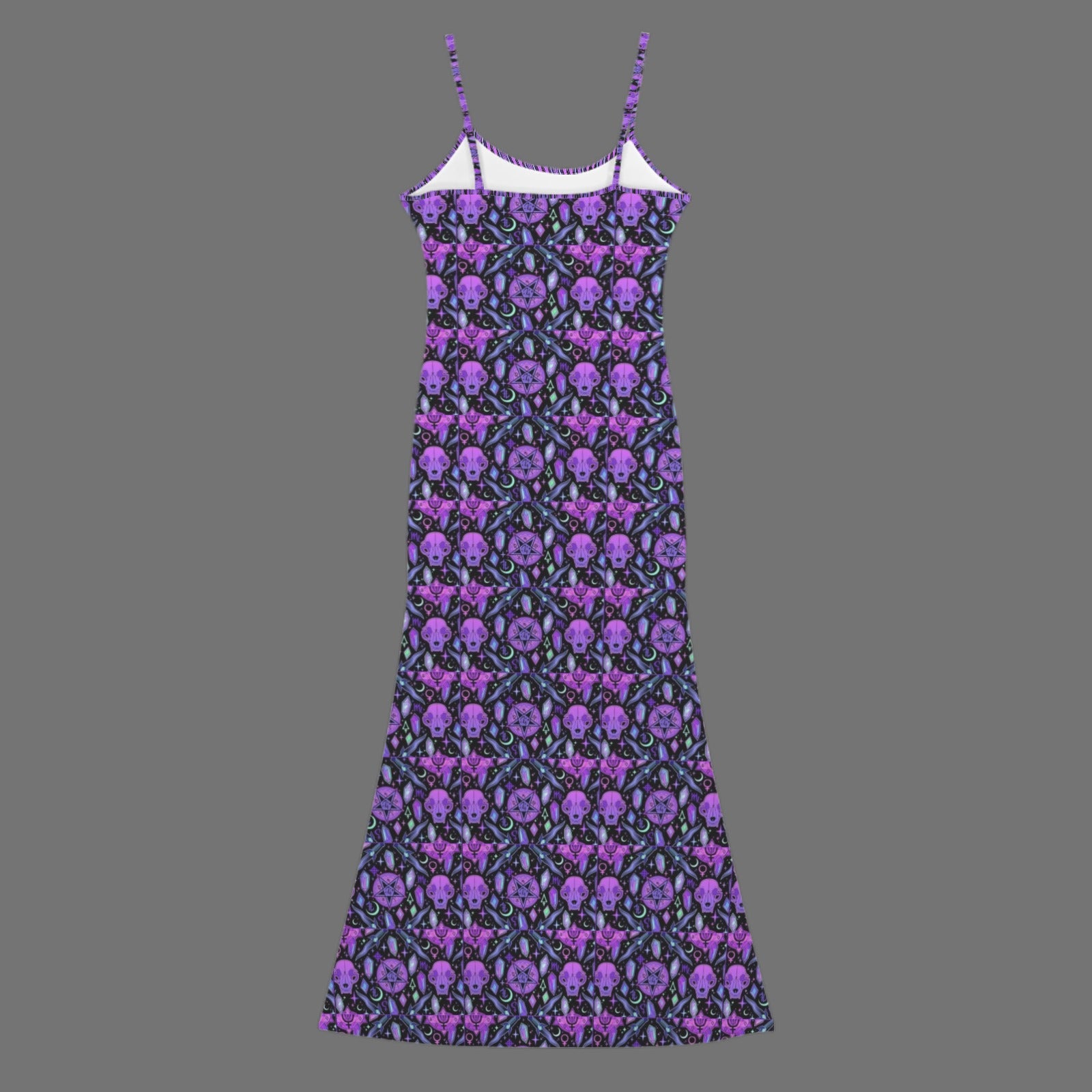 Gothic neon cat skull print long sleevless slip maxi dress - Night Bloom Digital Empire Studios